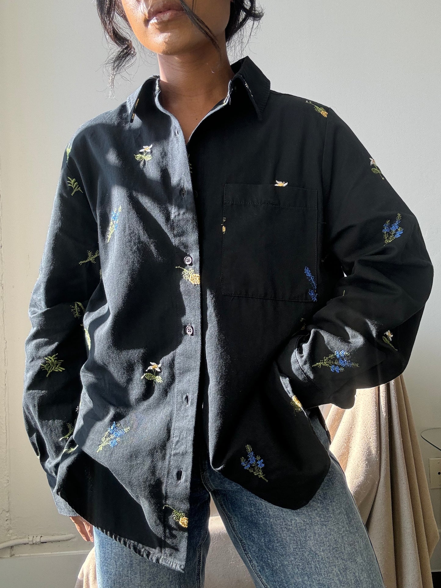 Marlene Cotton Embroidered Floral Button Down In Black