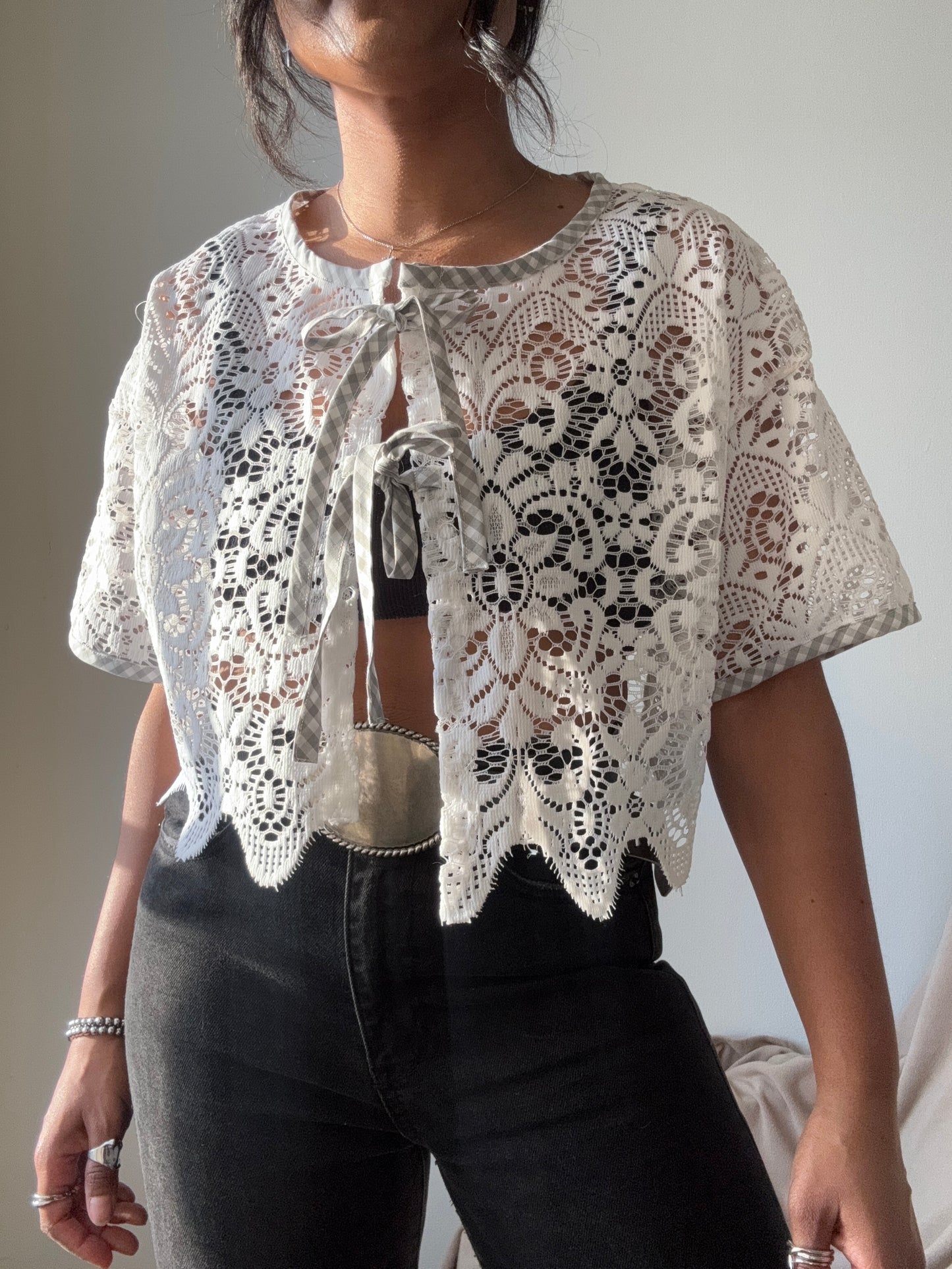 Velma Handcrafted Vintage Lace Wave Tie Top In White