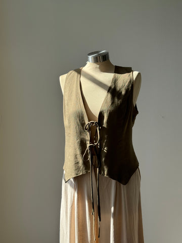 Melissa Linen Double Front Tie Vest In Olive