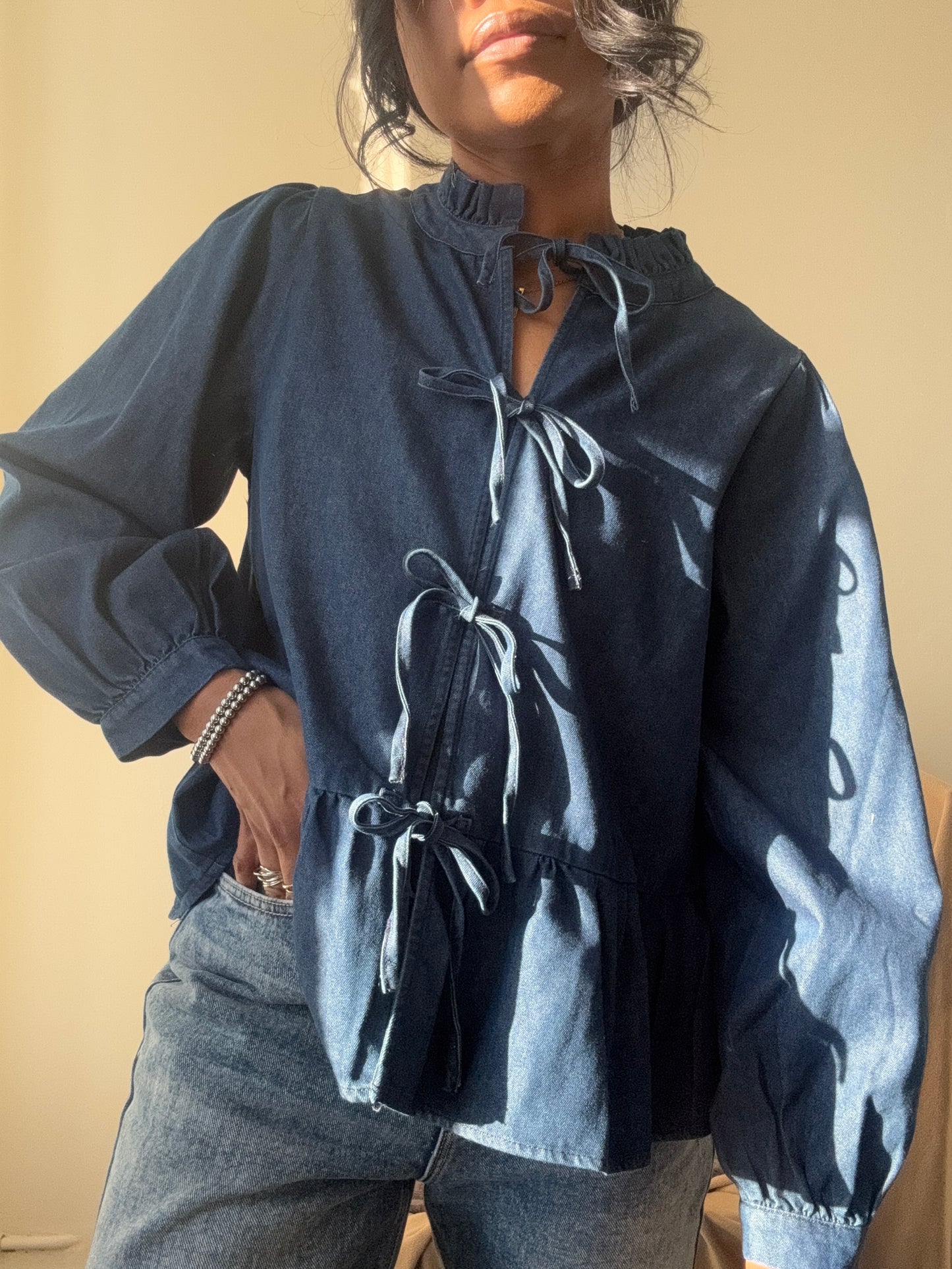 Jezebel Denim Open Front Tie Top In Indigo