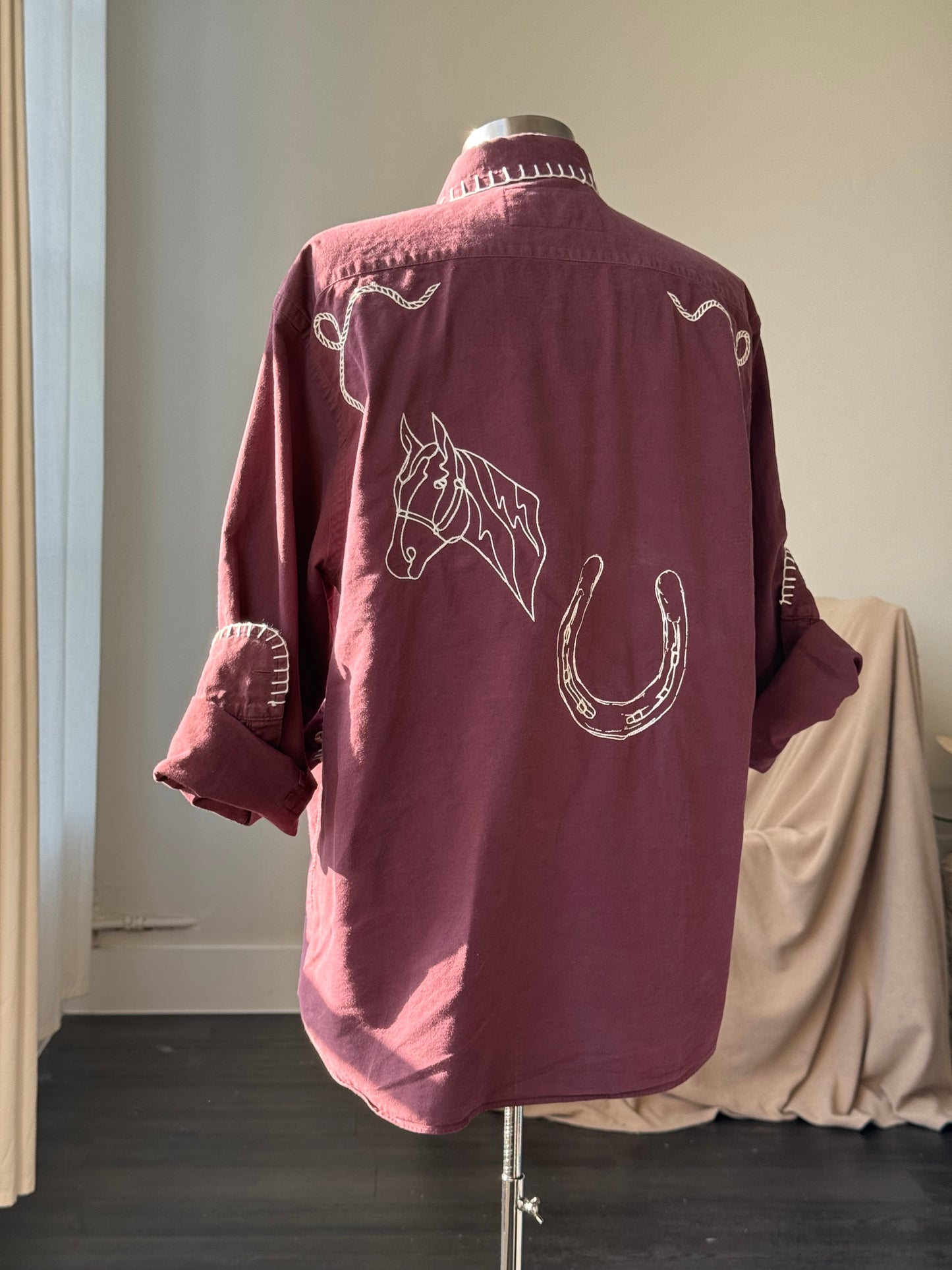 Michael Handcrafted Cowboy Blanket Stitch Embroidered Button Down In Red Brown
