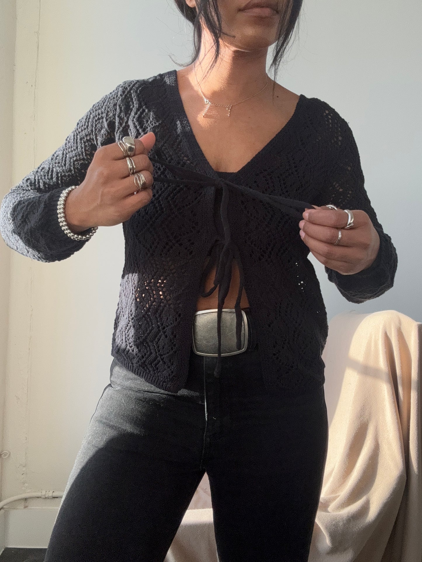 Brooks Crochet Tie Front Top In Black