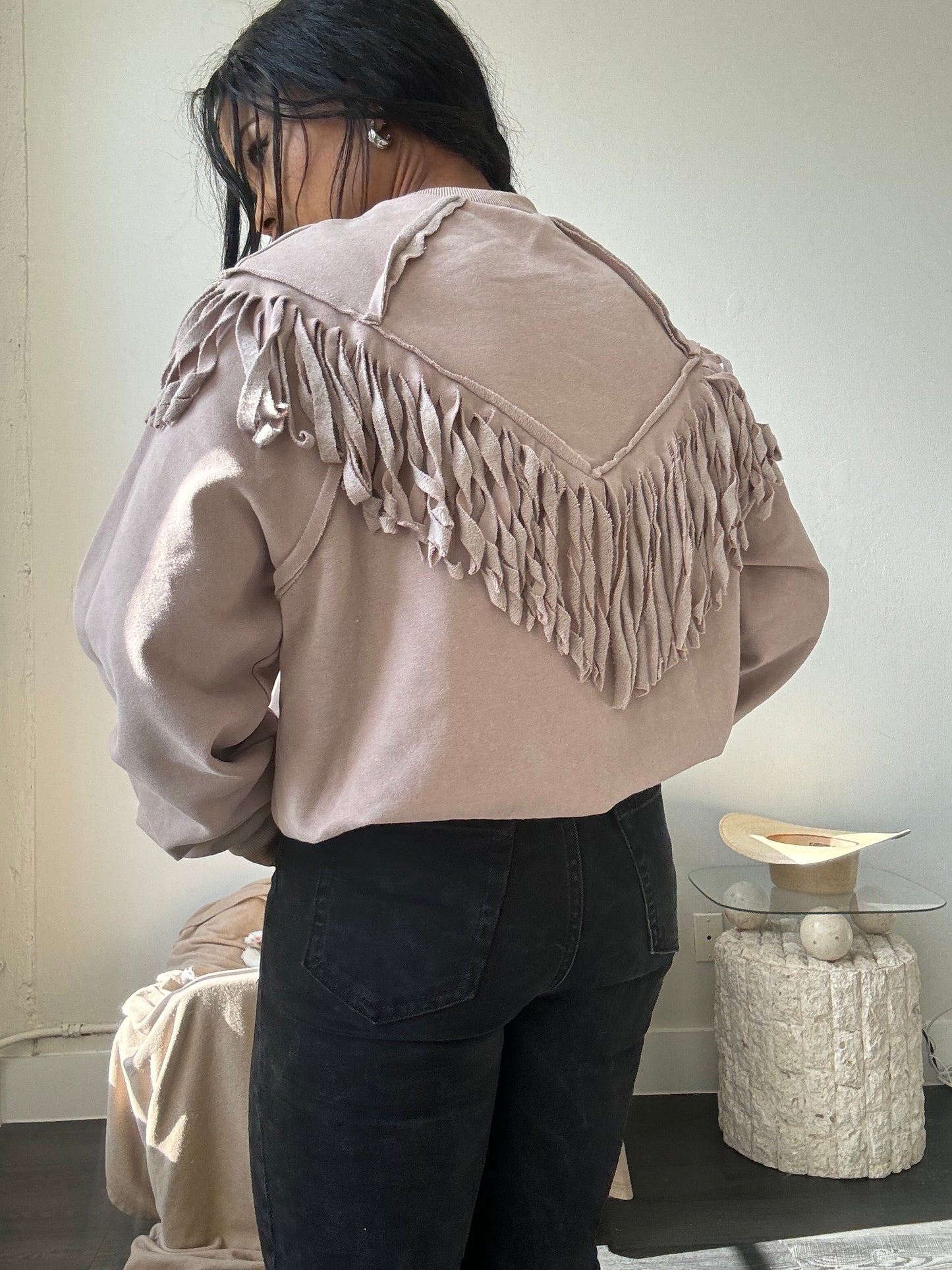Kalon Cotton Crewneck Western Style Fringe Pullover In Sand