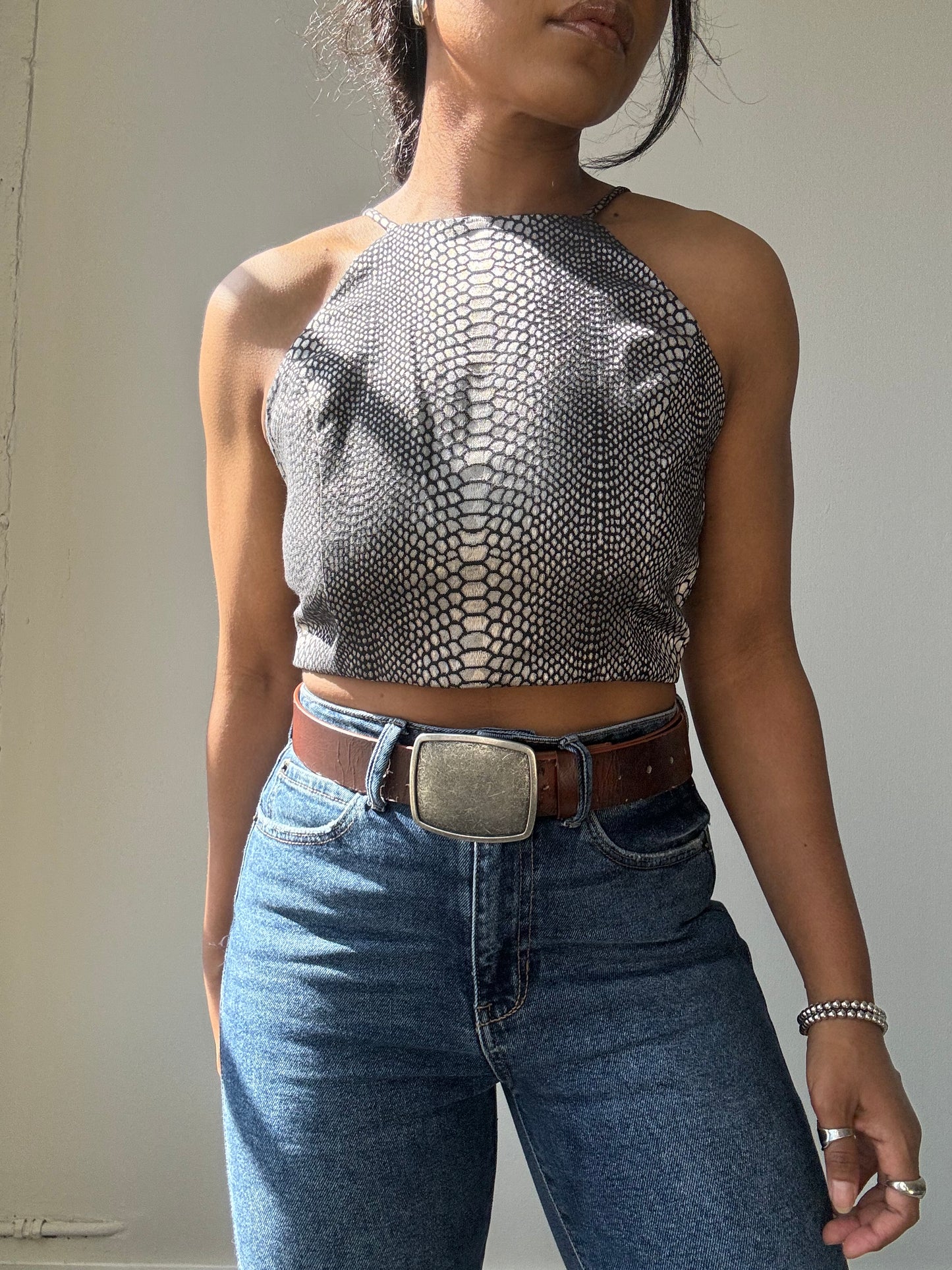 Evan Cotton Cropped Open Back Halter Top In Wild Smoke Grey
