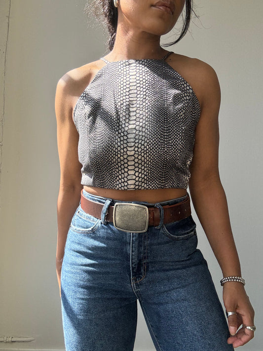 Evan Cotton Cropped Open Back Halter Top In Wild Smoke Grey