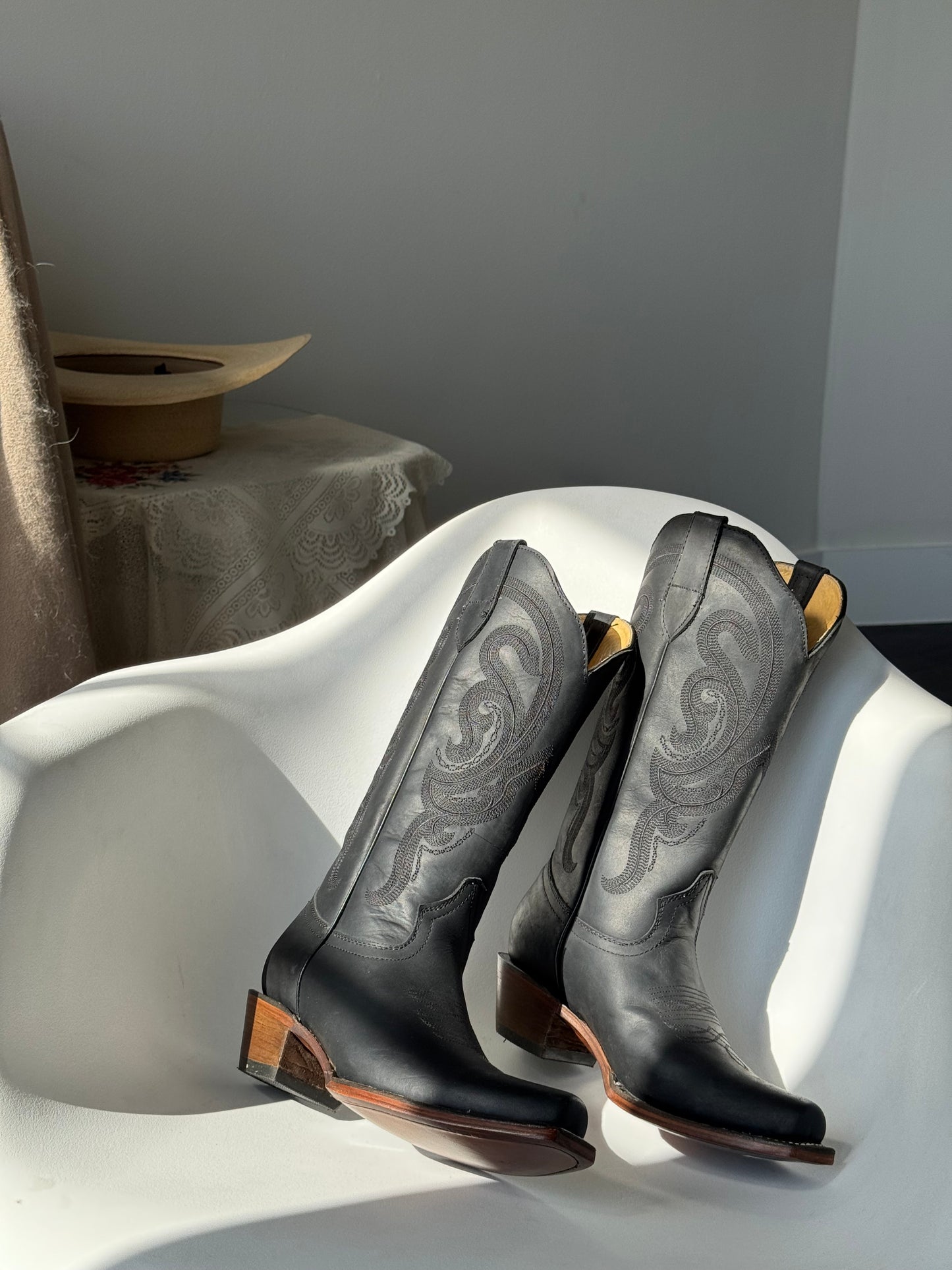 Matte Black Genuine, leather, Cowboy Boots
