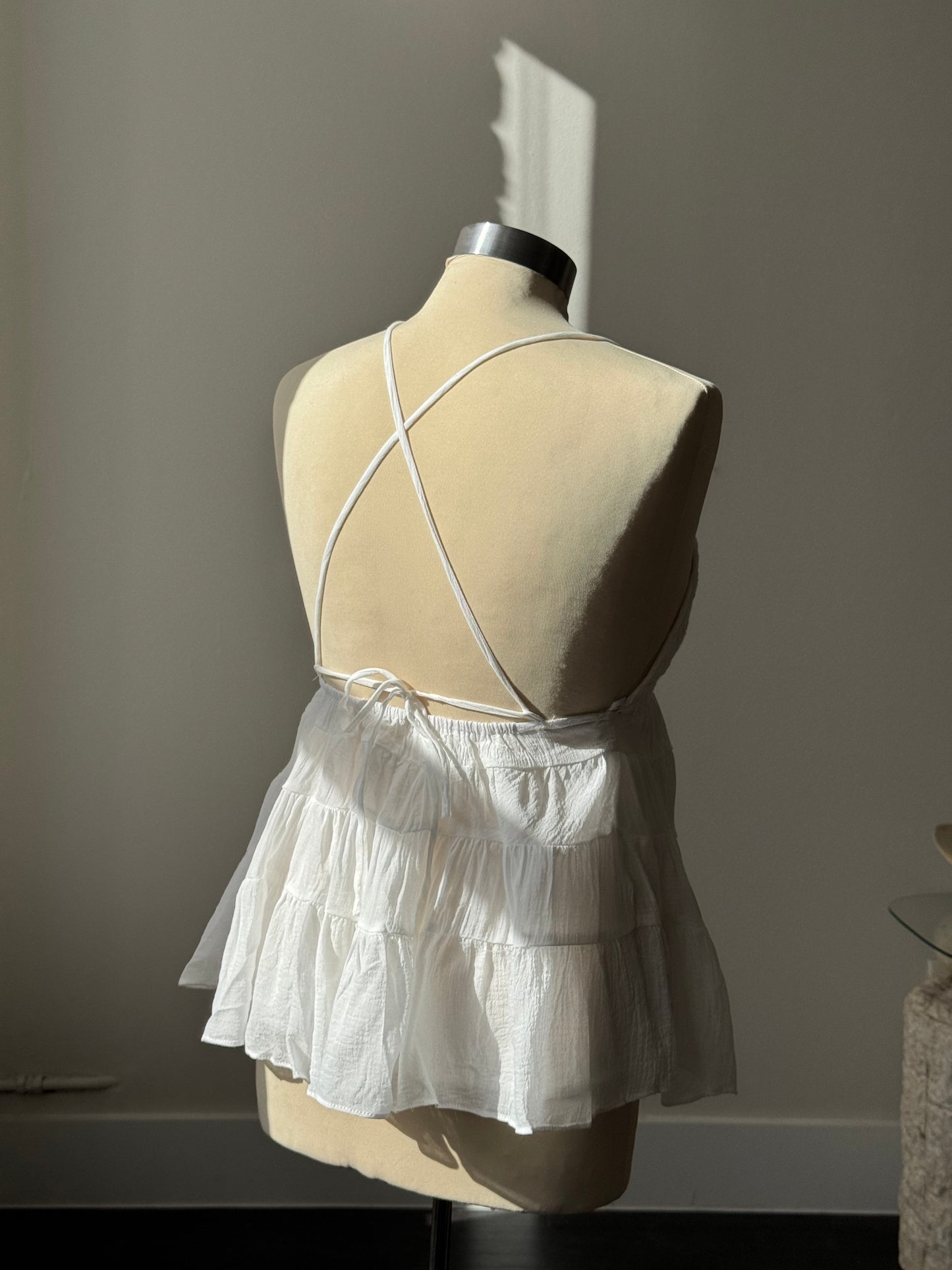 Crimson Cotton & Linen Embroidered Tiered Open Back Cami Top In White