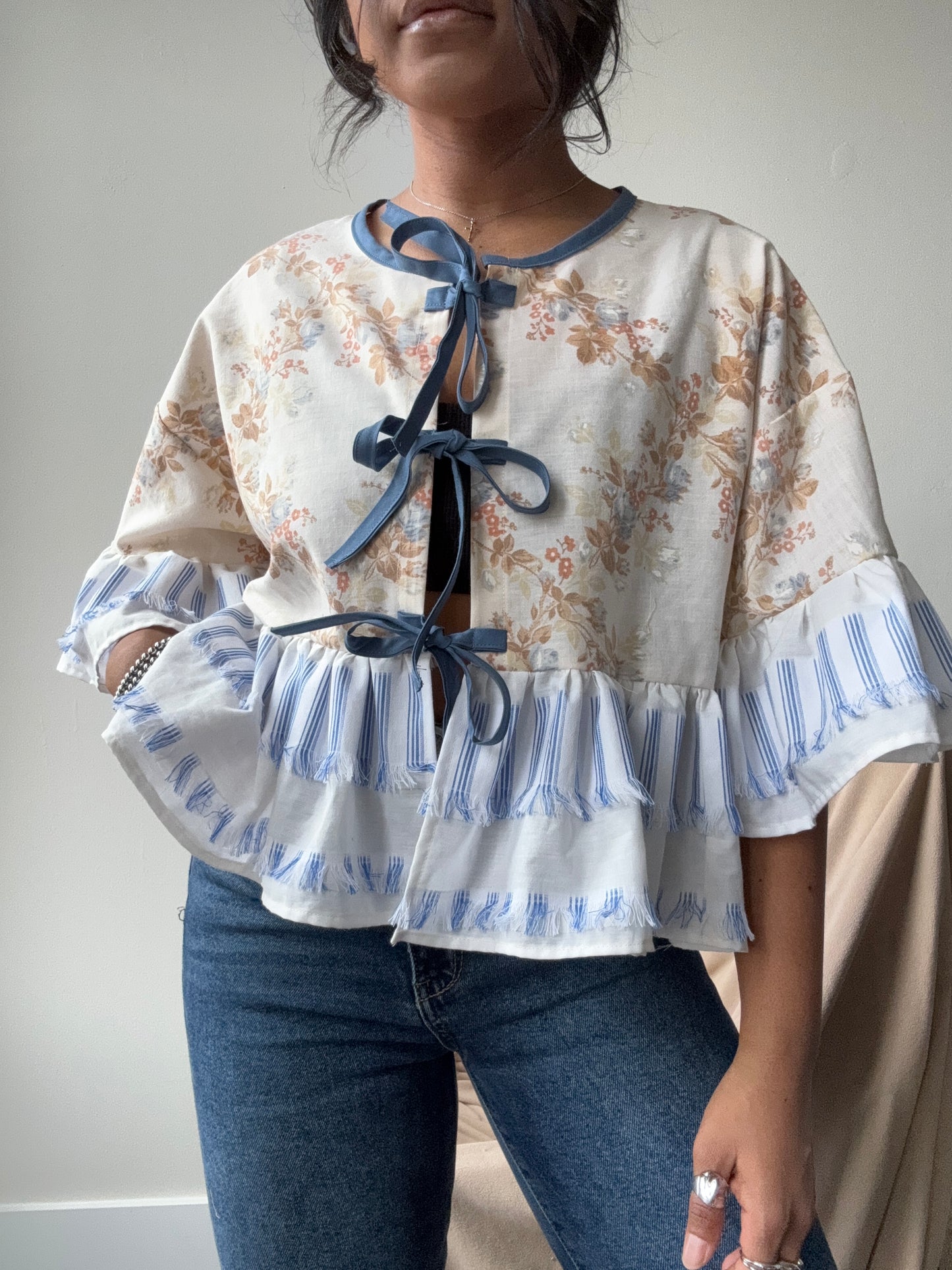 Joycie Cotton Handcrafted Floral & Fringe Ruffle Top In Vintage Blue