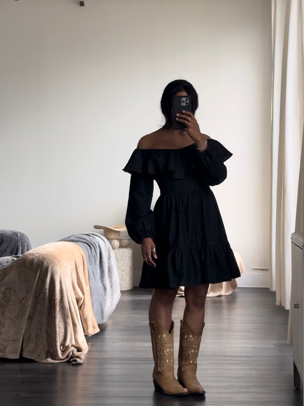 Carmen Cotton On Or Off Shoulder Classic Denim Dress In Vintage Black