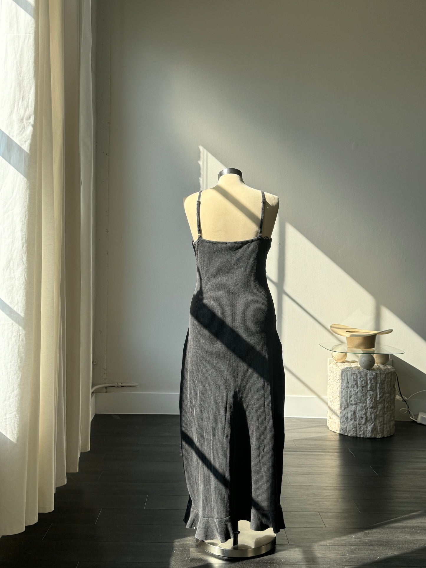 Patricia Cotton Ruffle Slit Ribbed Lace Maxi Dress In Vintage Grey
