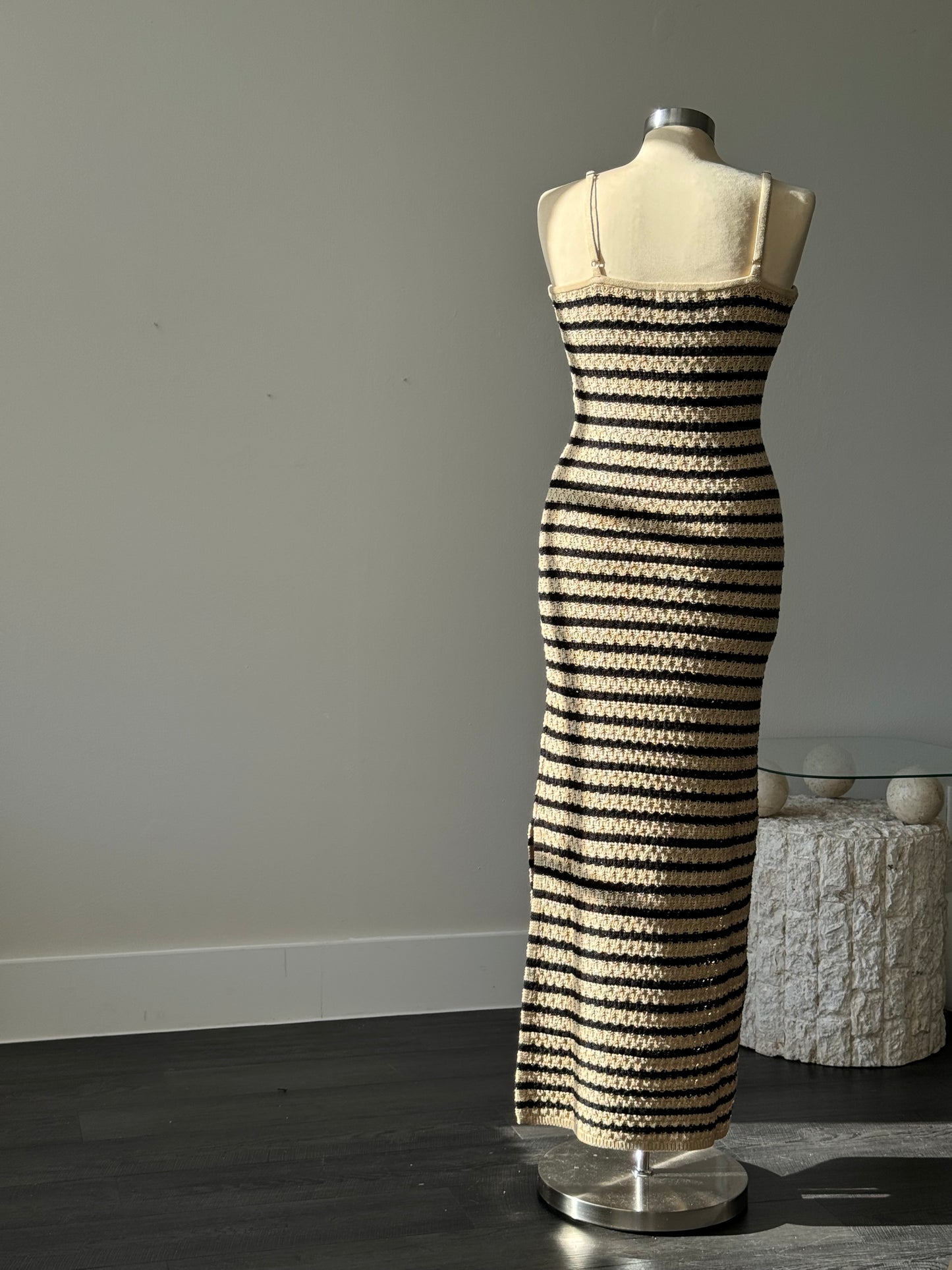 Hanna Cotton Crochet Striped Maxi Dress In Black & Taupe