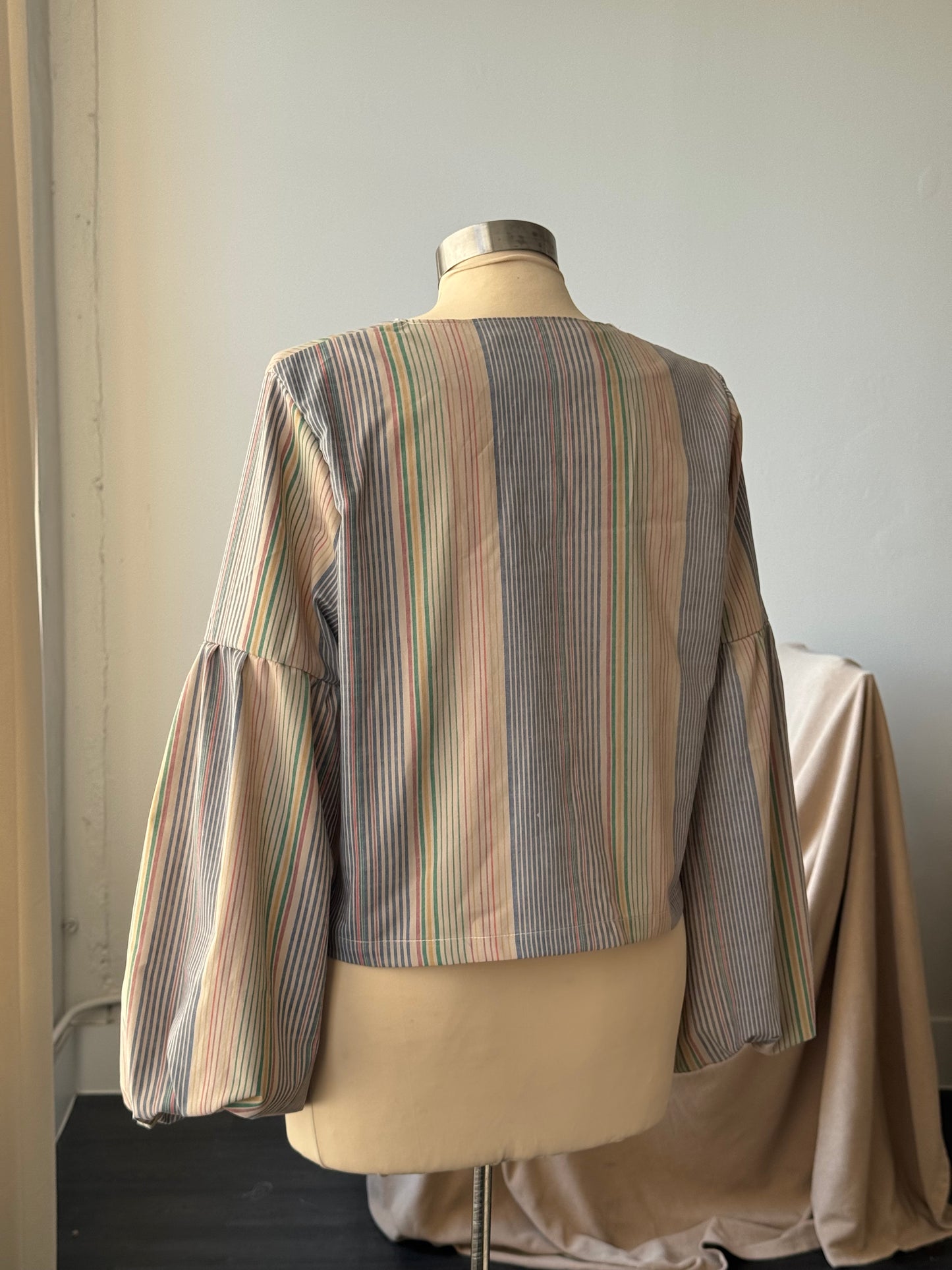 Brenda Faye Handcrafted Vintage Striped Lantern Sleeve Tie Front Top