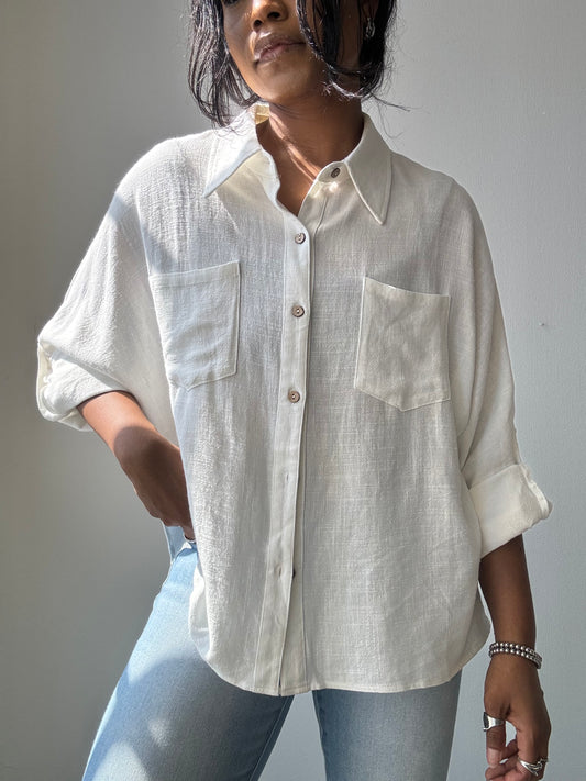 Cassidy Cotton & Linen Long Sleeve Button Down In Ivory
