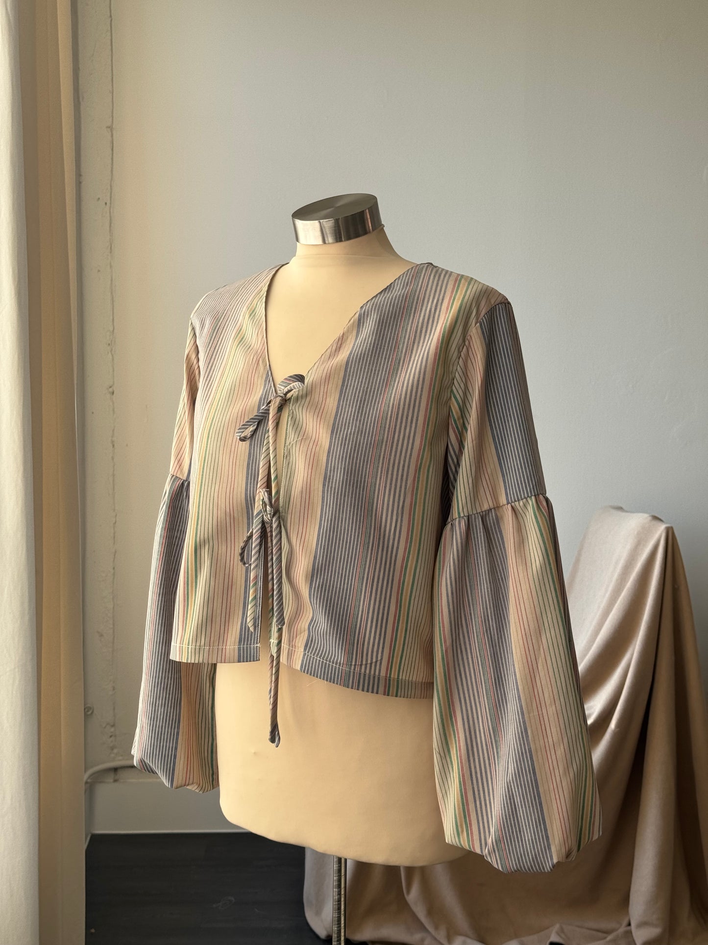 Brenda Faye Handcrafted Vintage Striped Lantern Sleeve Tie Front Top