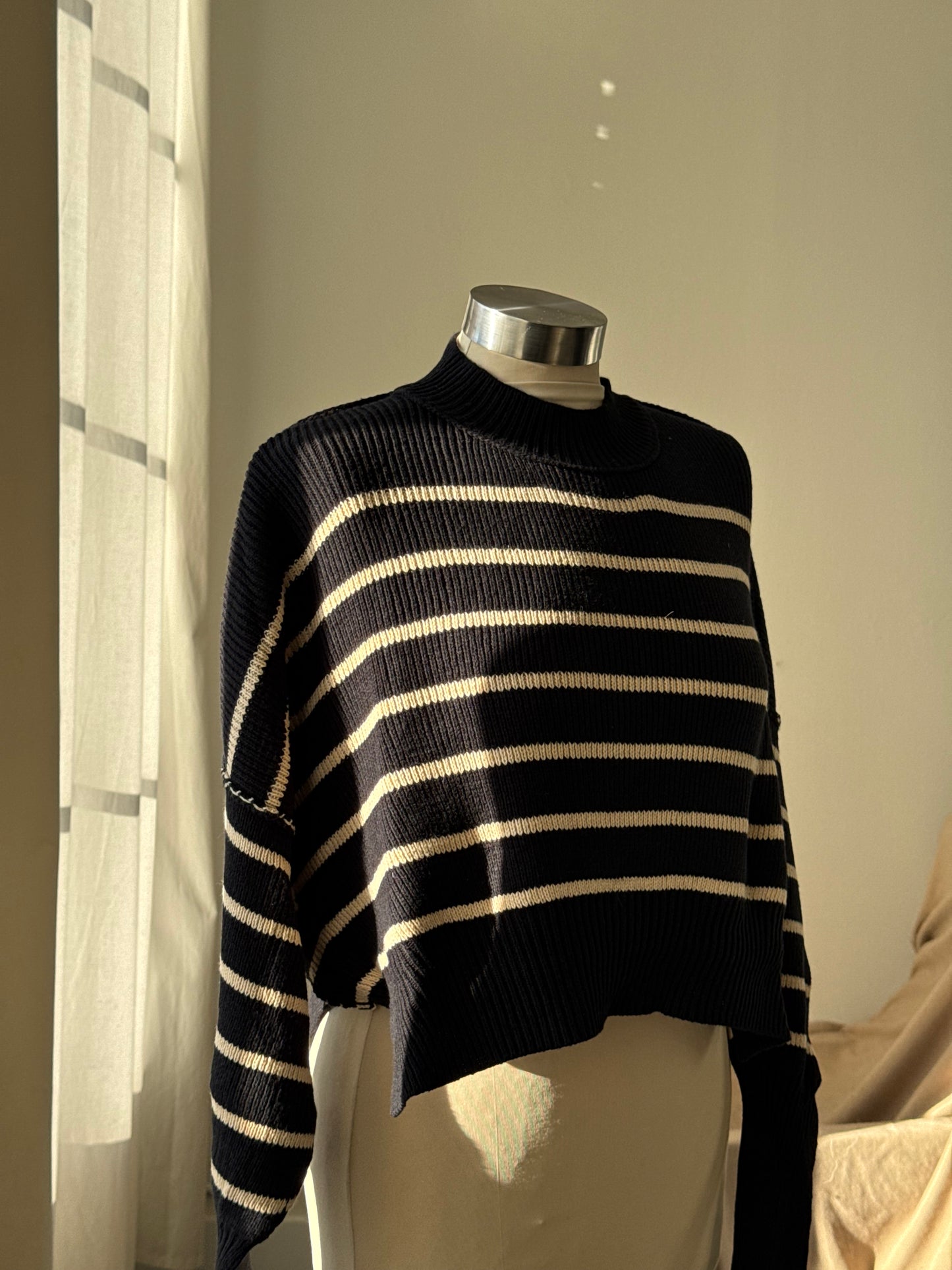 Henry Cotton Striped Cropped Mock Neck Sweater In Cream & Black