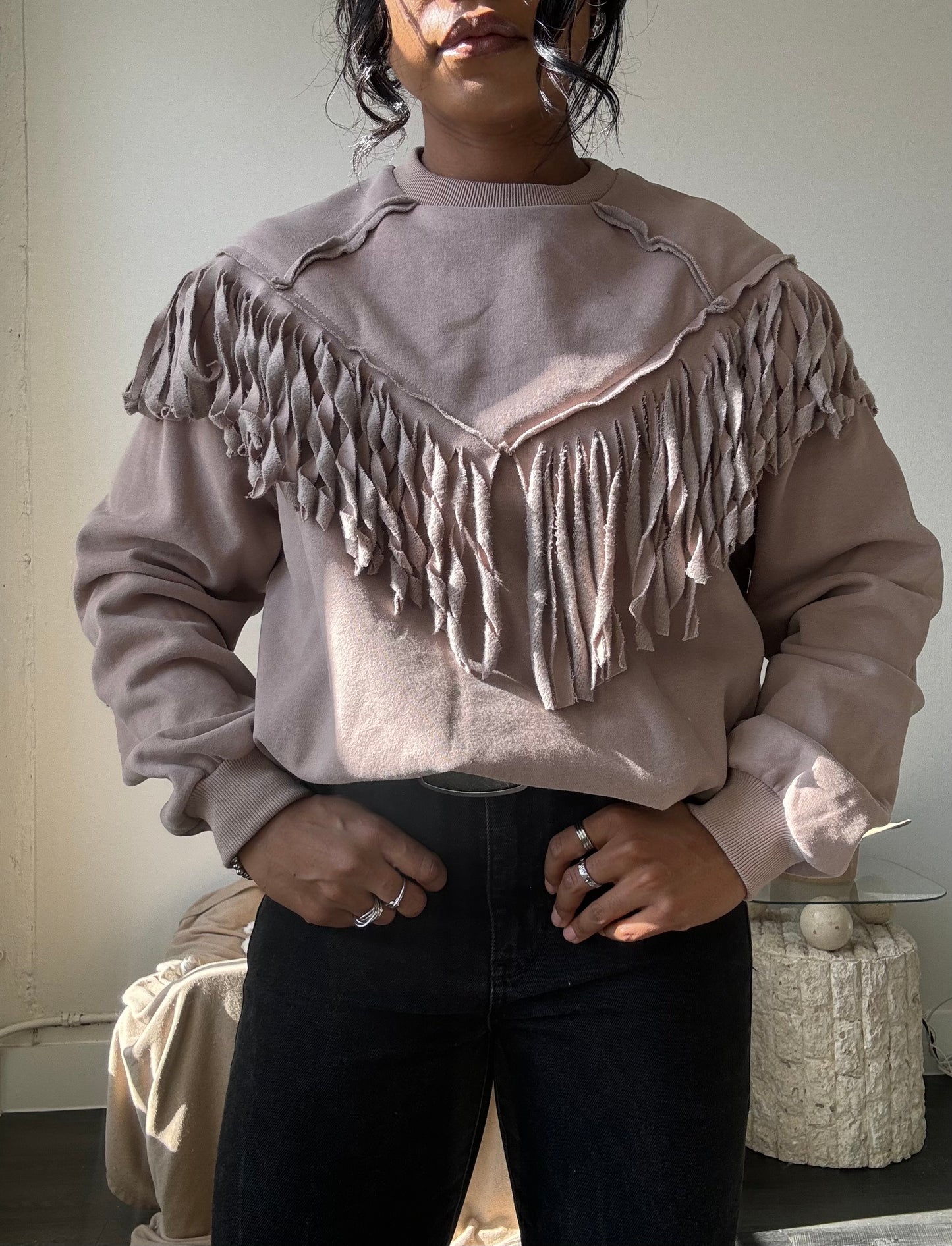 Kalon Cotton Crewneck Western Style Fringe Pullover In Sand