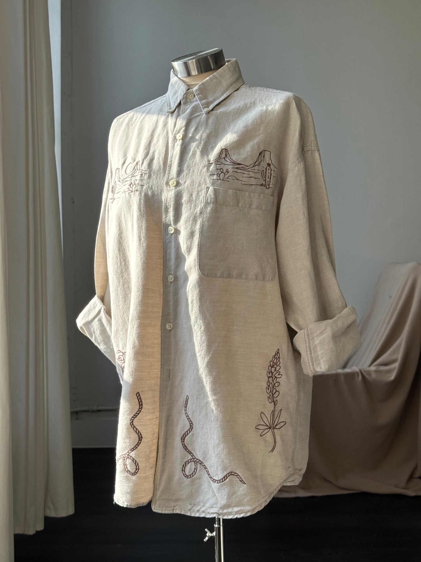 Jaxson Handcrafted Embroidered Button Down In Oatmeal