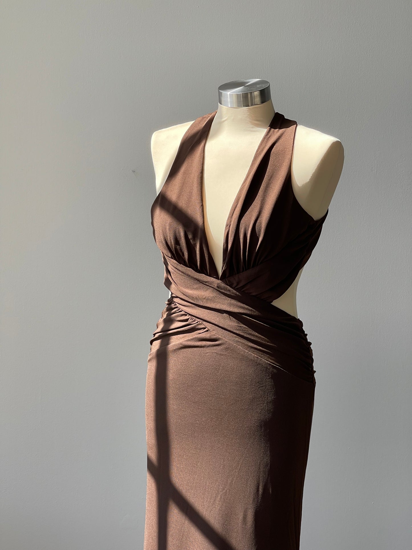 Dana Deep V Neck Open Back Halter Maxi Dress In Chocolate Brown