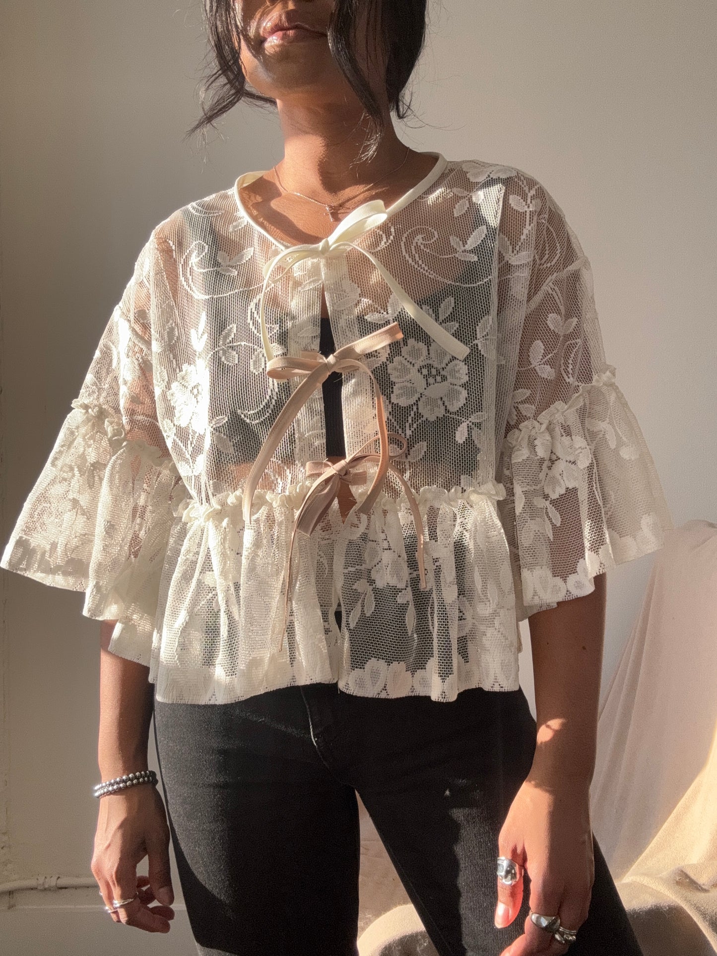 Eliza Vintage Lace Handcrafted Ruffle Top In Napoleon