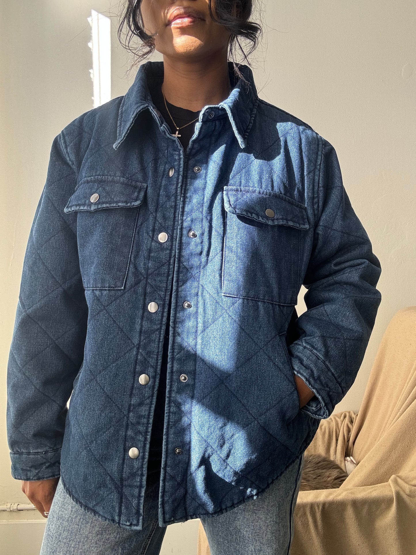 Henry Cotton Quilted Denim Coat Jacket In Indigo