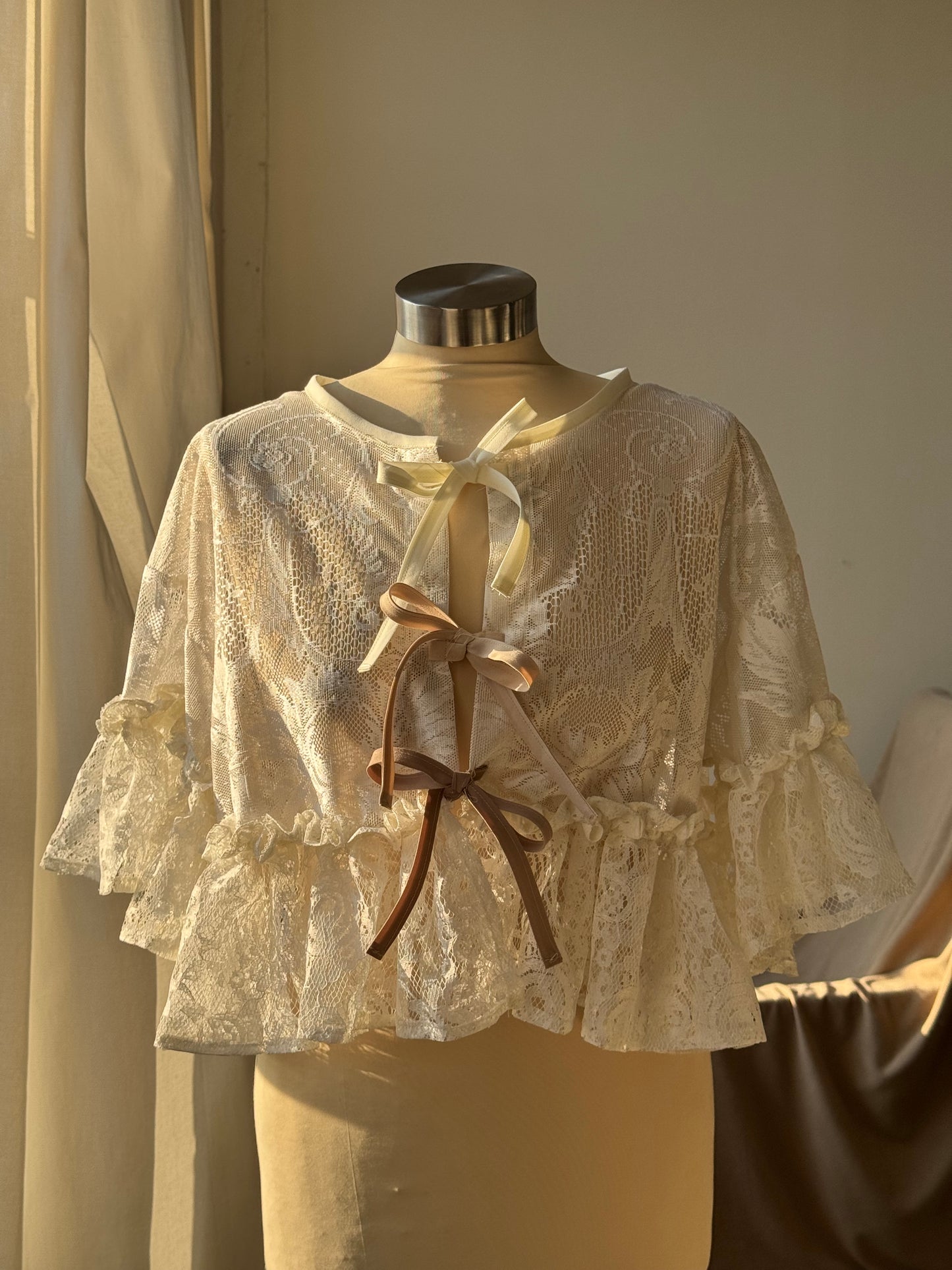 Eliza Vintage Lace Handcrafted Ruffle Top In Ivory White