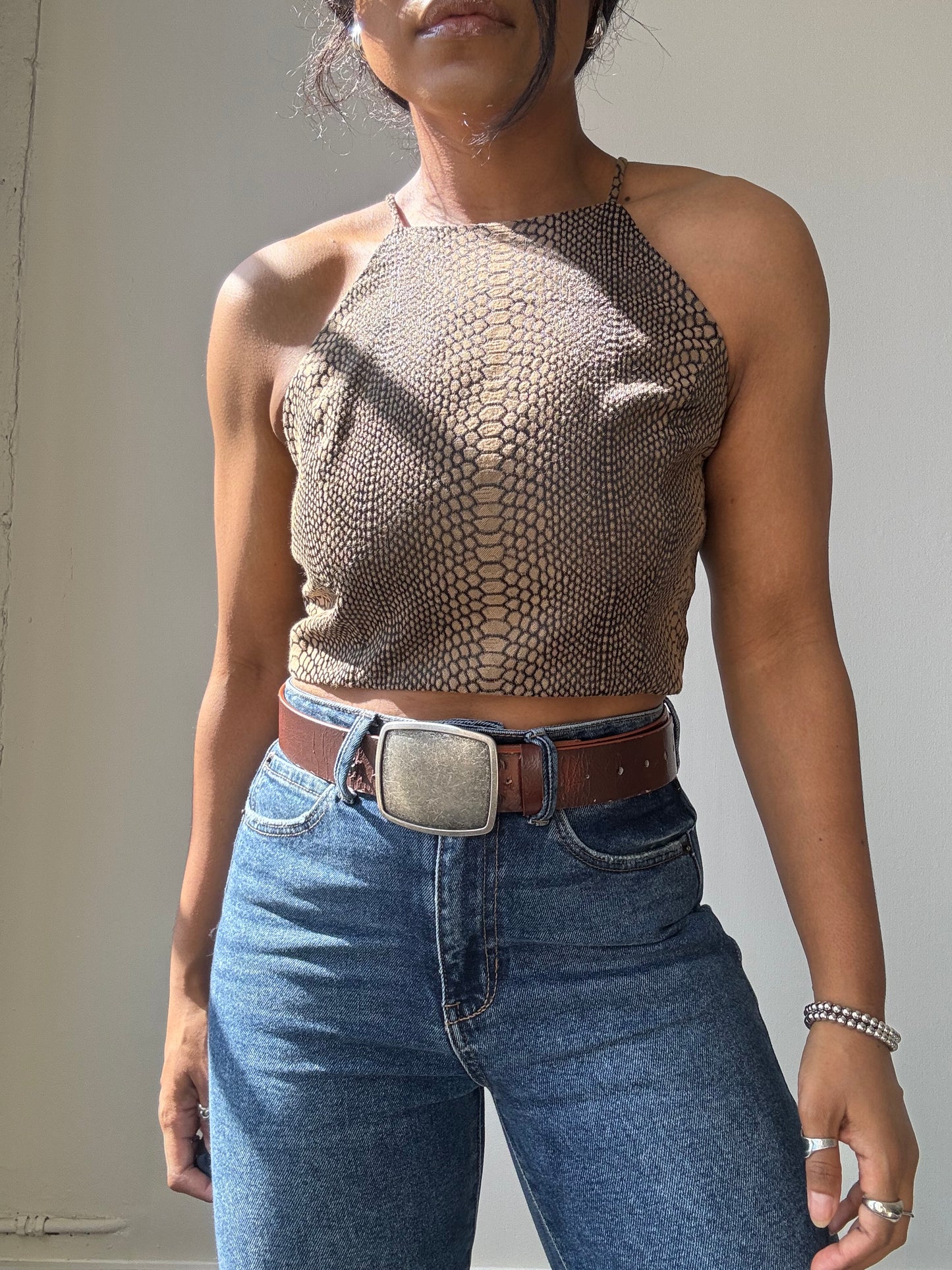 Evan Cotton Cropped Open Back Halter Top In Wild Honey Brown