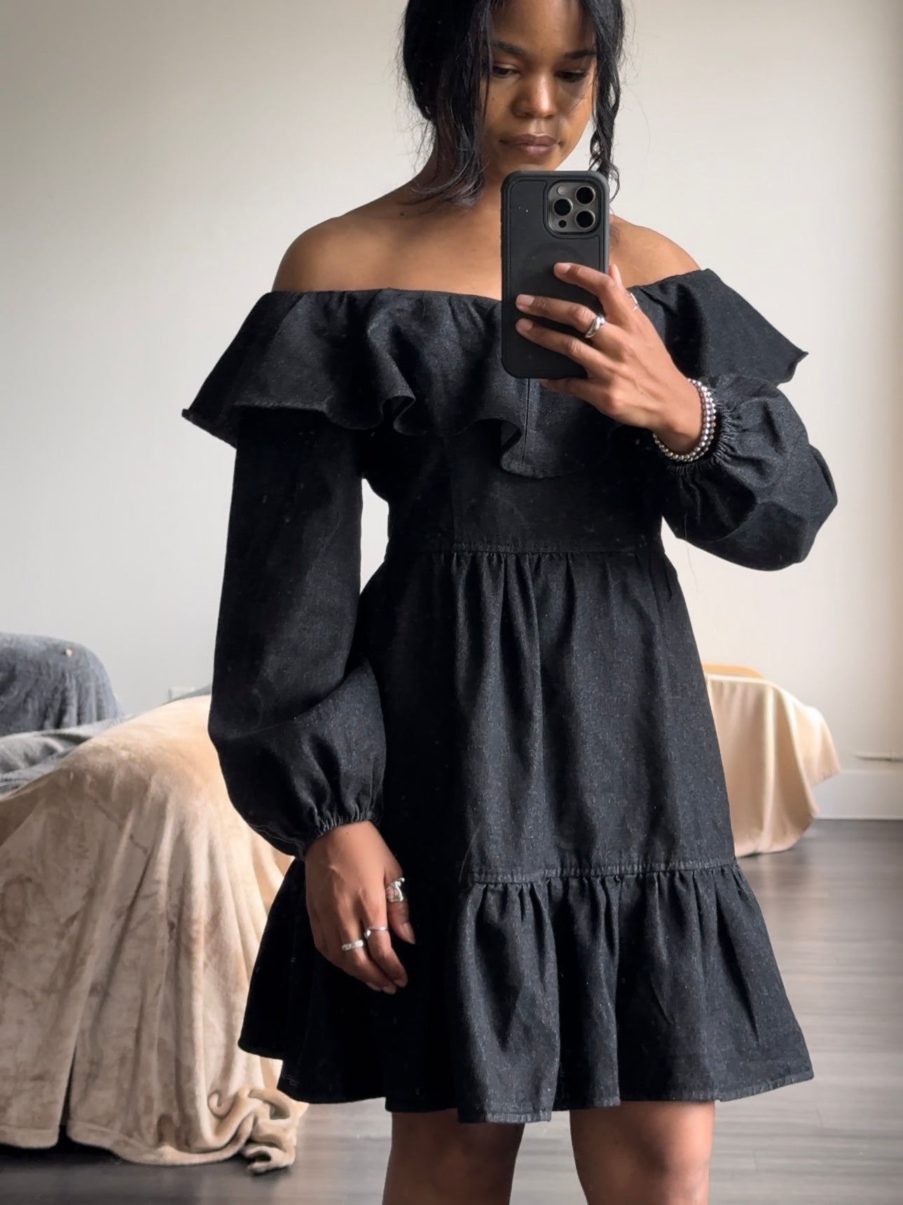 Carmen Cotton On Or Off Shoulder Classic Denim Dress In Vintage Black