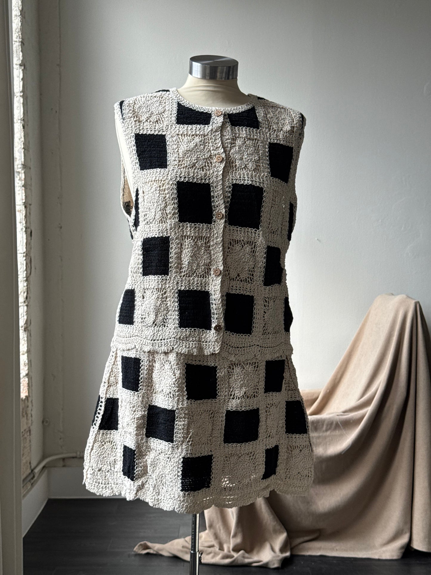 Katie Cotton Crochet Check Button Front Vest In Black