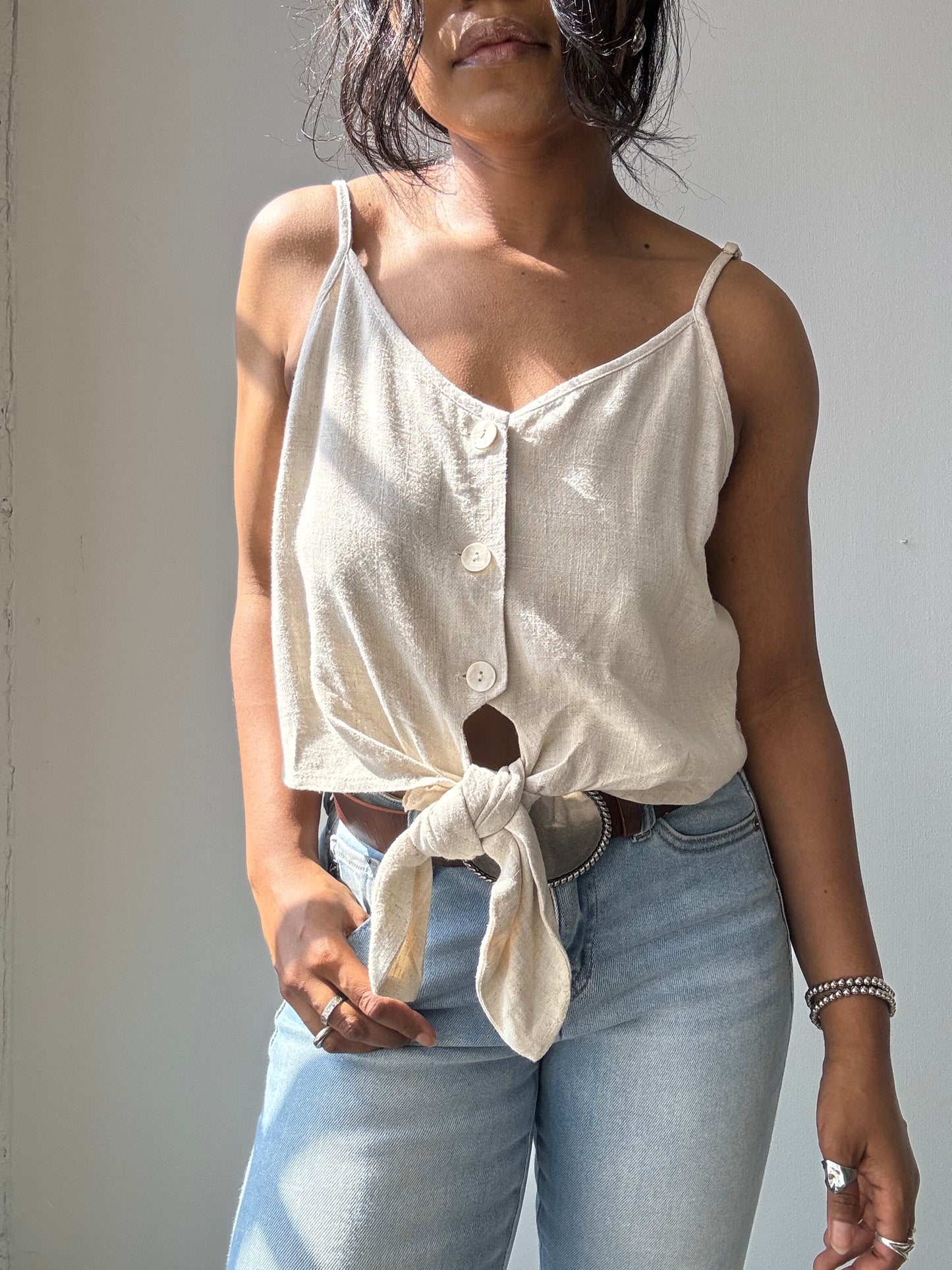 Mae Cotton & Linen Tie Front Crop Top In Natural