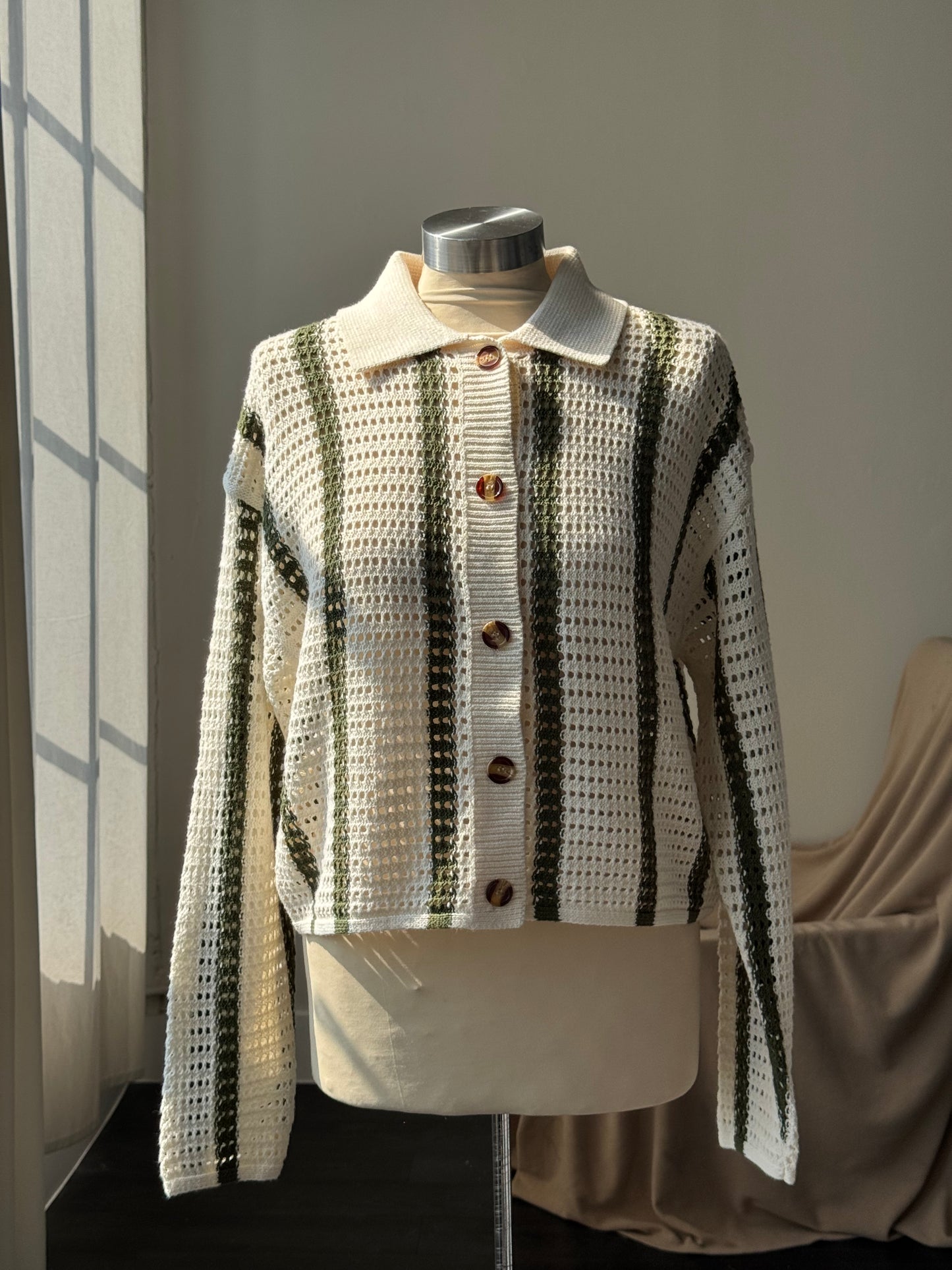 Solana Cotton Crochet Striped Button Down In Forest