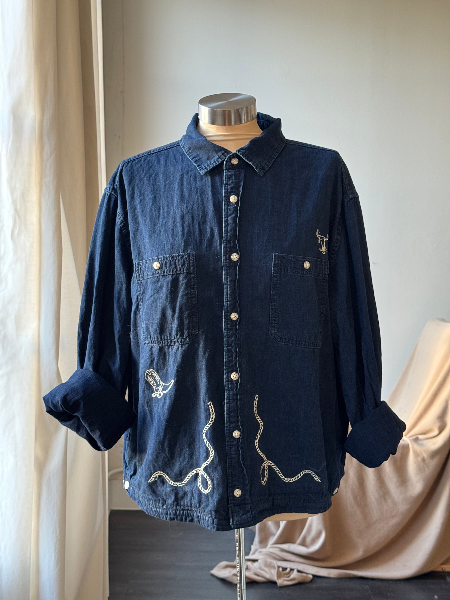 The Lawrence Handcrafted Sad Songs Cropped Cotton Button Down Long Sleeve