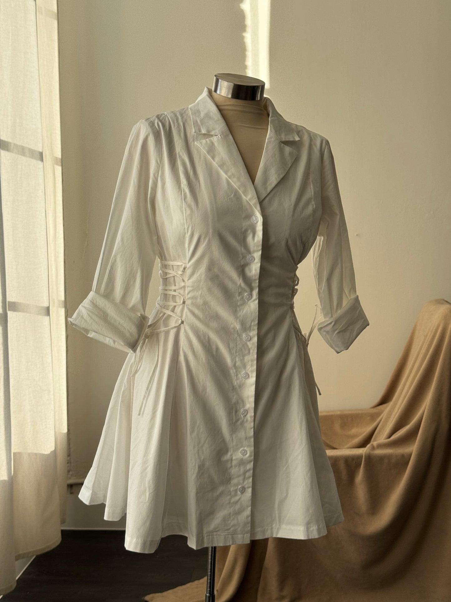 Loran Cotton Side Corset Button Down Long Sleeve Dress In White