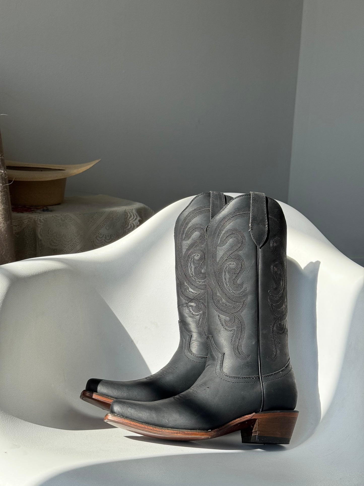 Matte Black Genuine, leather, Cowboy Boots