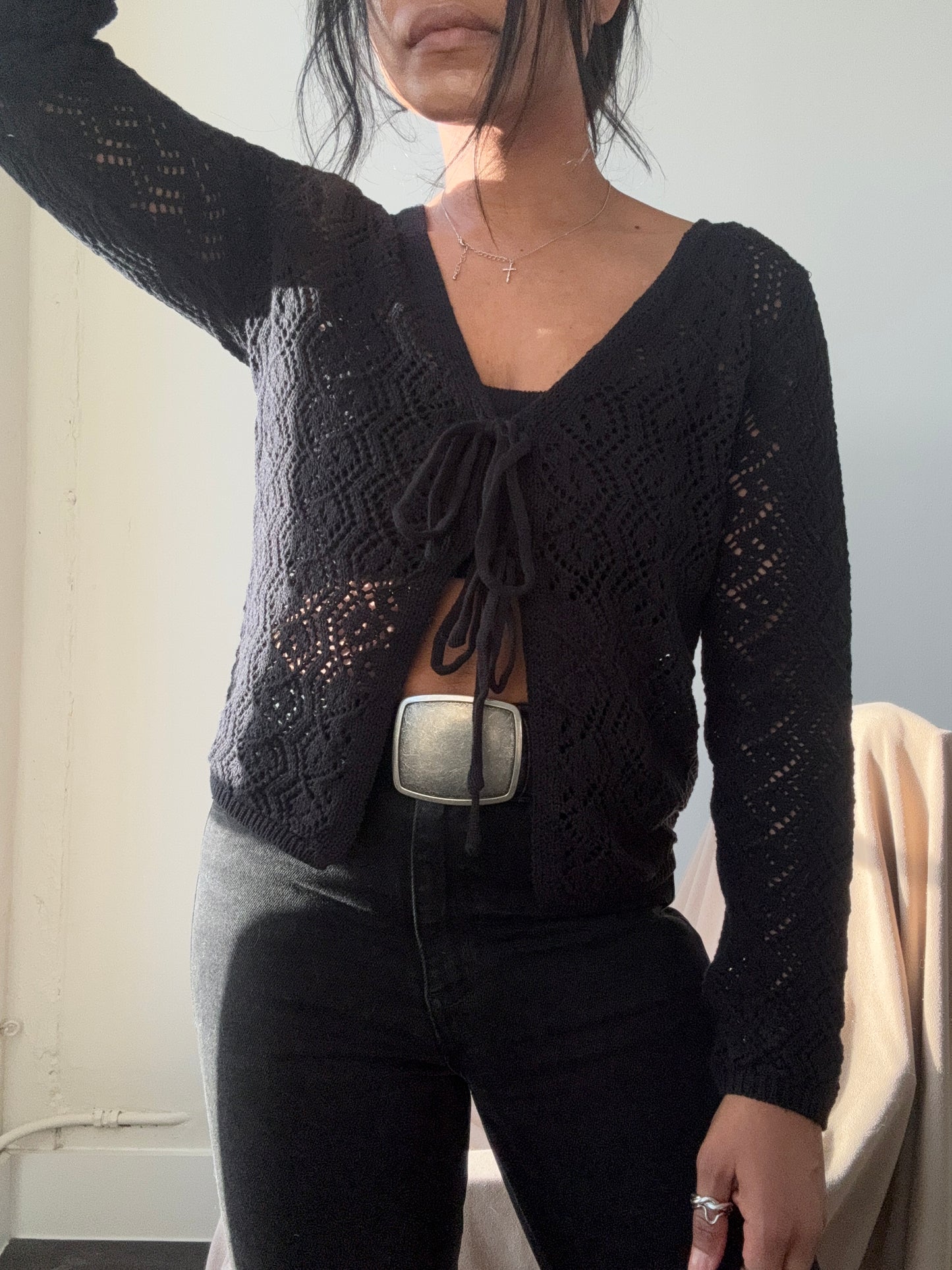 Brooks Crochet Tie Front Top In Black