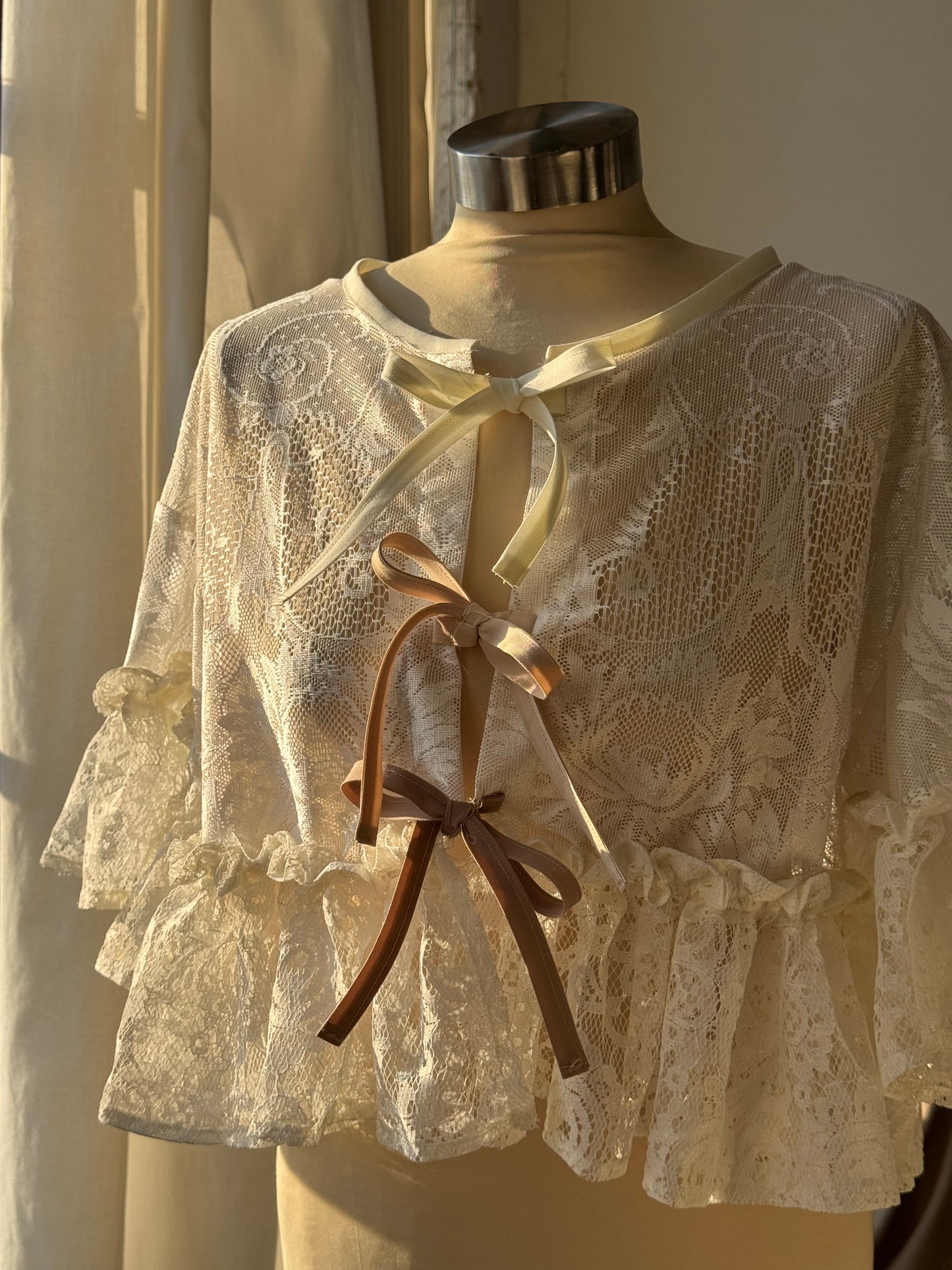 Eliza Vintage Lace Handcrafted Ruffle Top In Ivory White