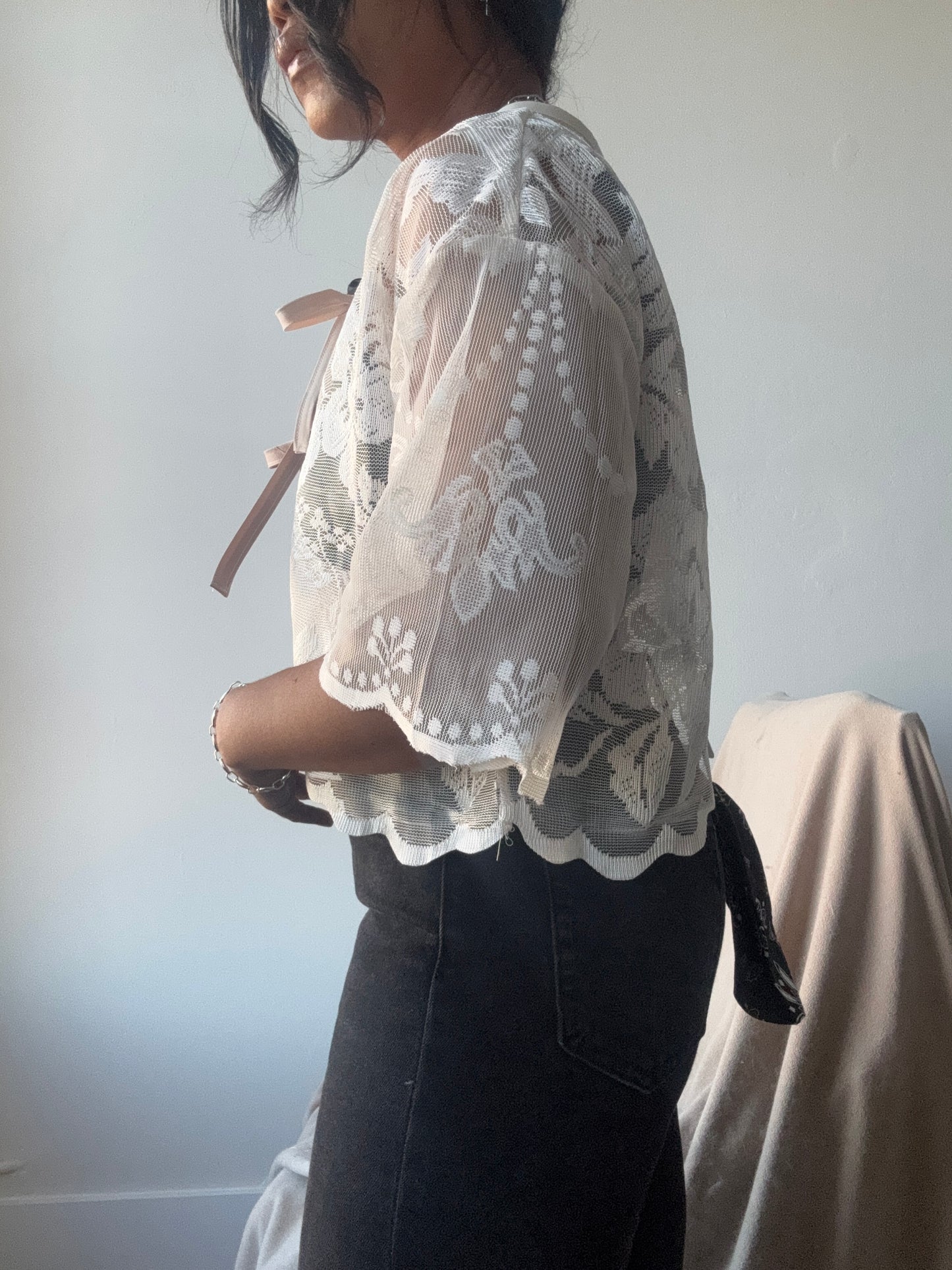Sherie Handcrafted Vintage Lace Tie Top In Ivory