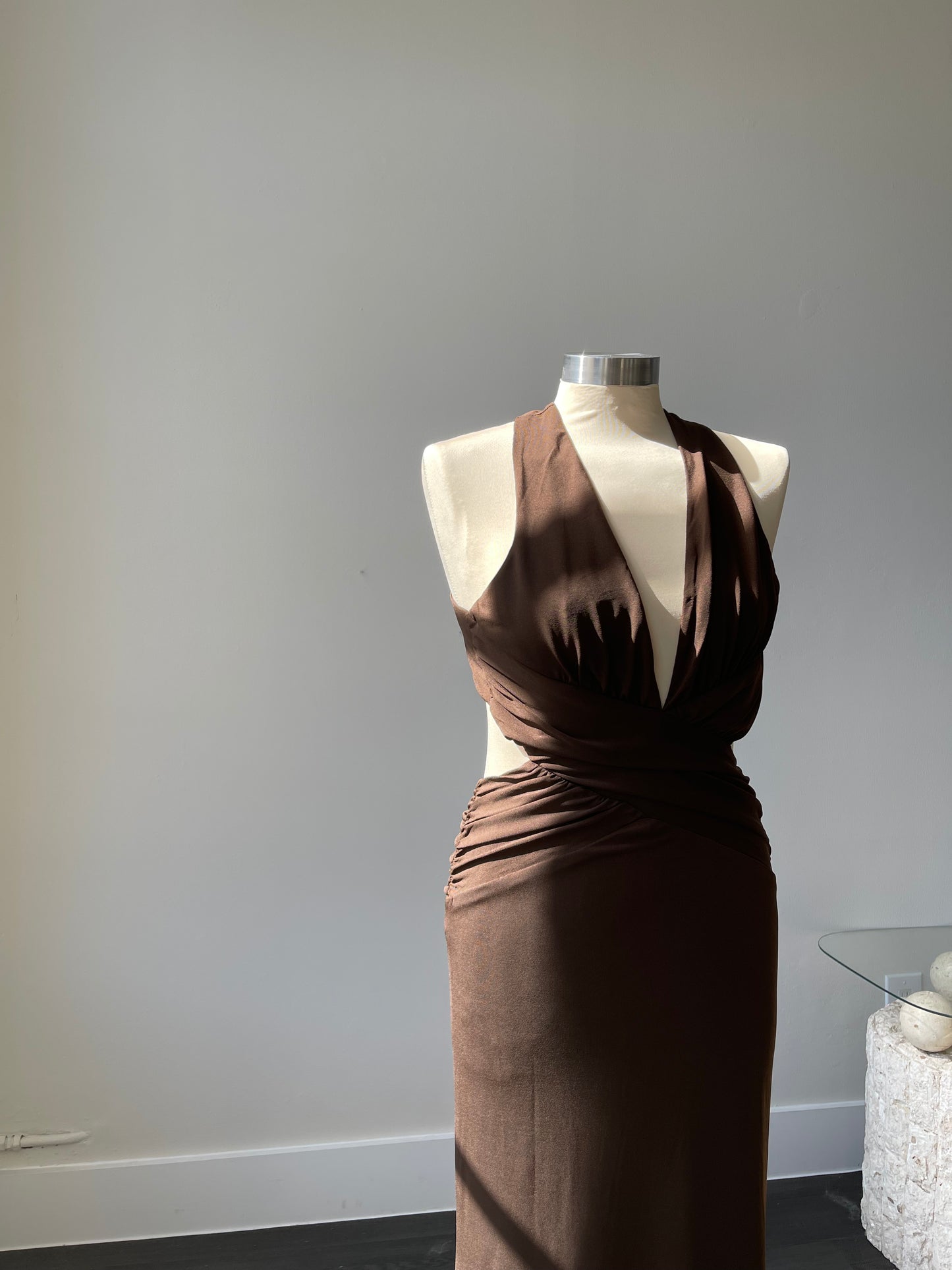 Dana Deep V Neck Open Back Halter Maxi Dress In Chocolate Brown