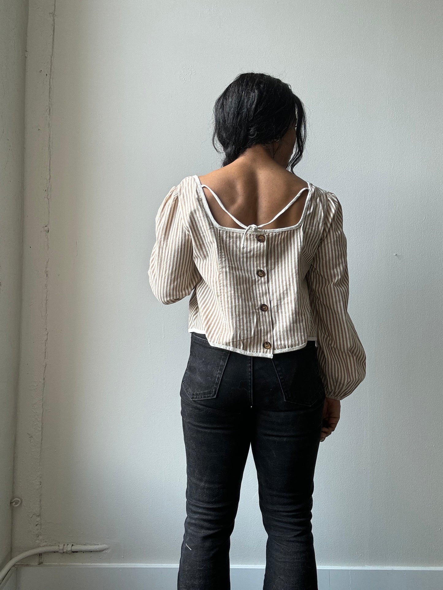 Marcella Cotton Button Back Striped Crop Top In Taupe