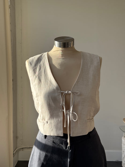 Marcel Linen Tie Front Vest In Natural