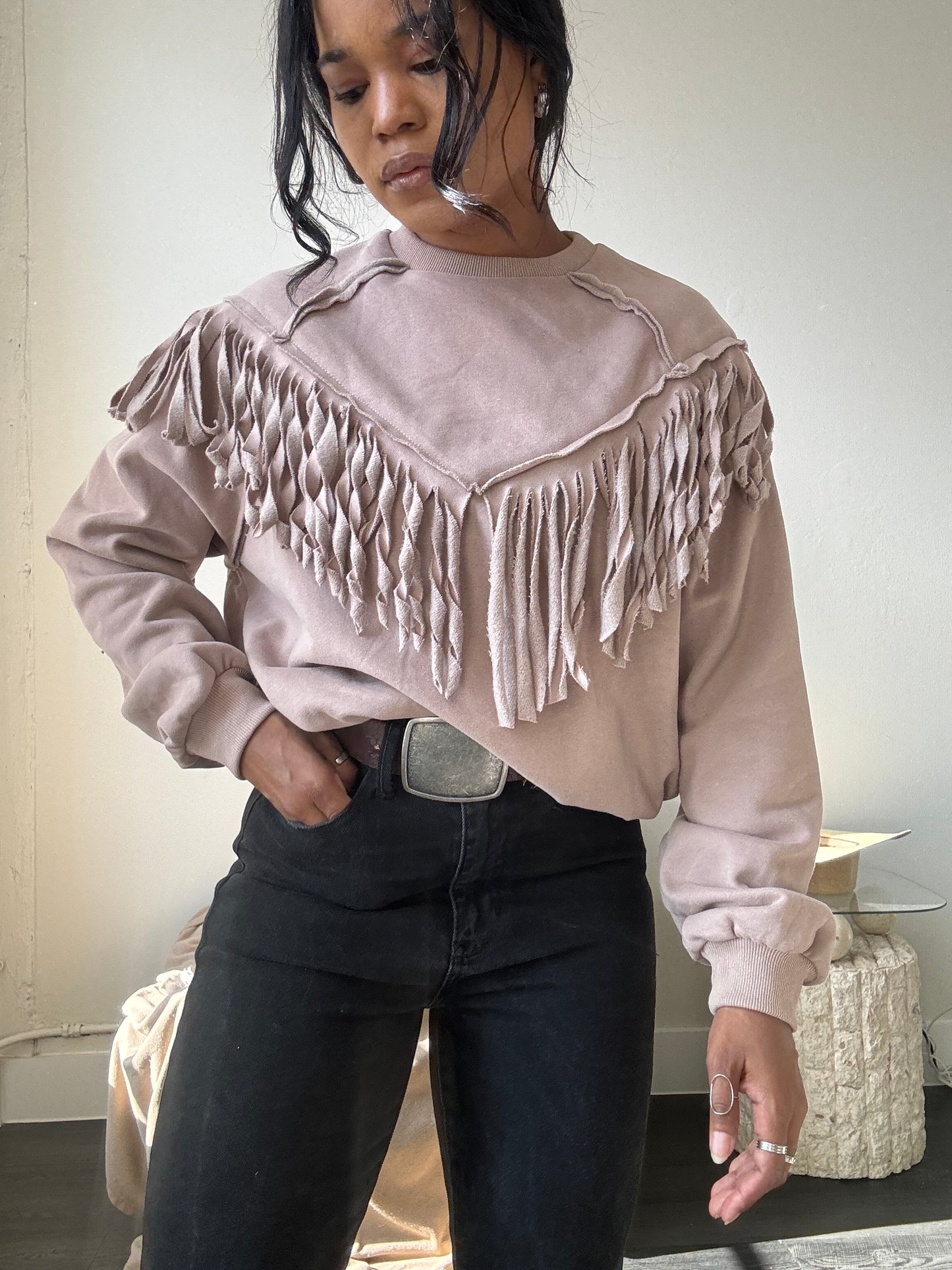 Kalon Cotton Crewneck Western Style Fringe Pullover In Sand