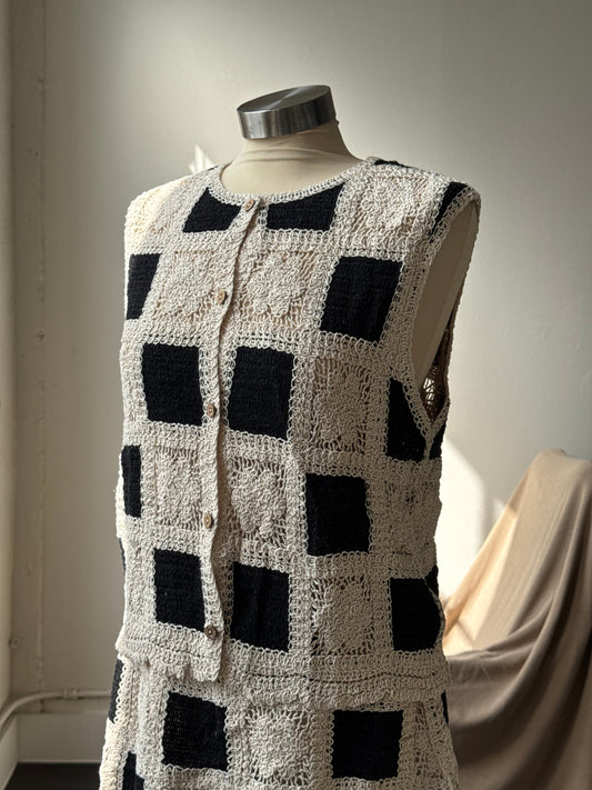 Katie Cotton Crochet Check Button Front Vest In Black
