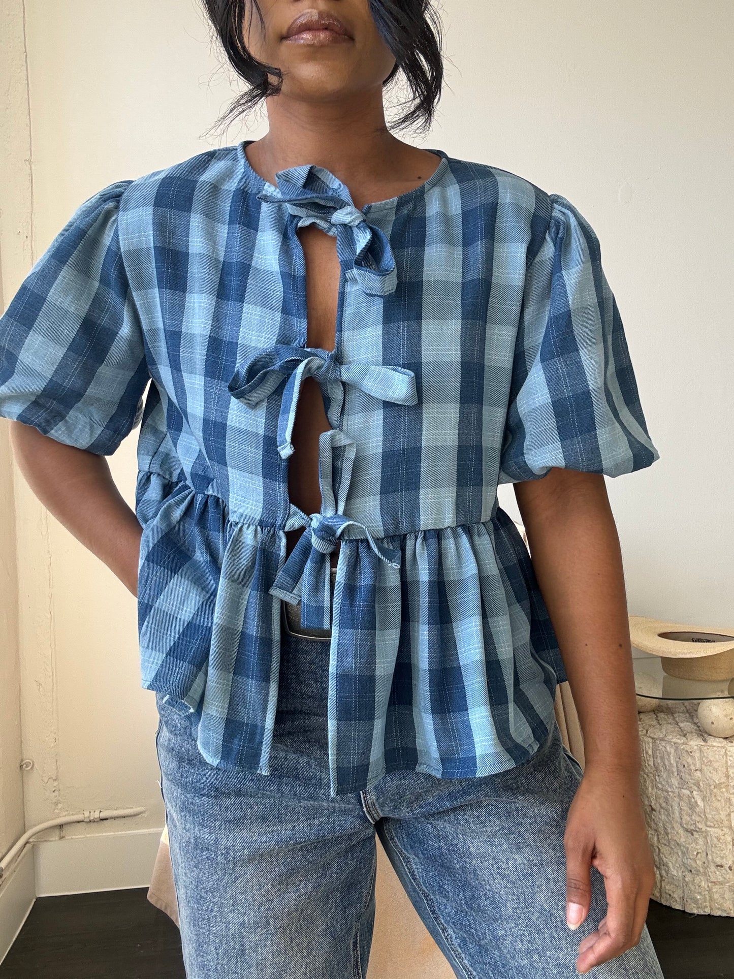 Gable Cotton Plaid Tie Top In Vintage Denim Blue