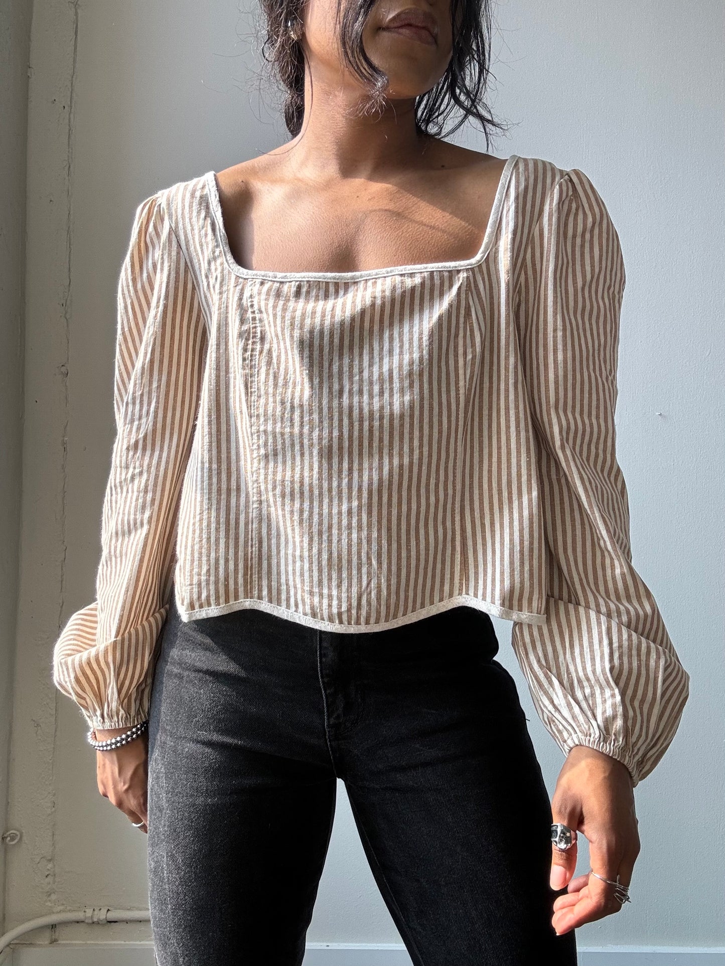 Marcella Cotton Button Back Striped Crop Top In Taupe