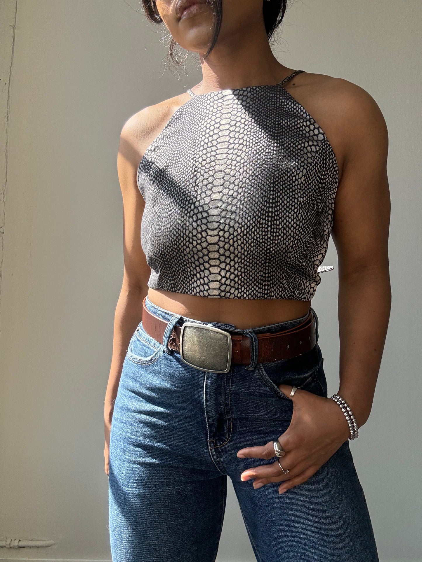 Evan Cotton Cropped Open Back Halter Top In Wild Smoke Grey