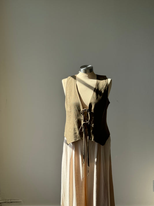 Melissa Linen Double Front Tie Vest In Olive