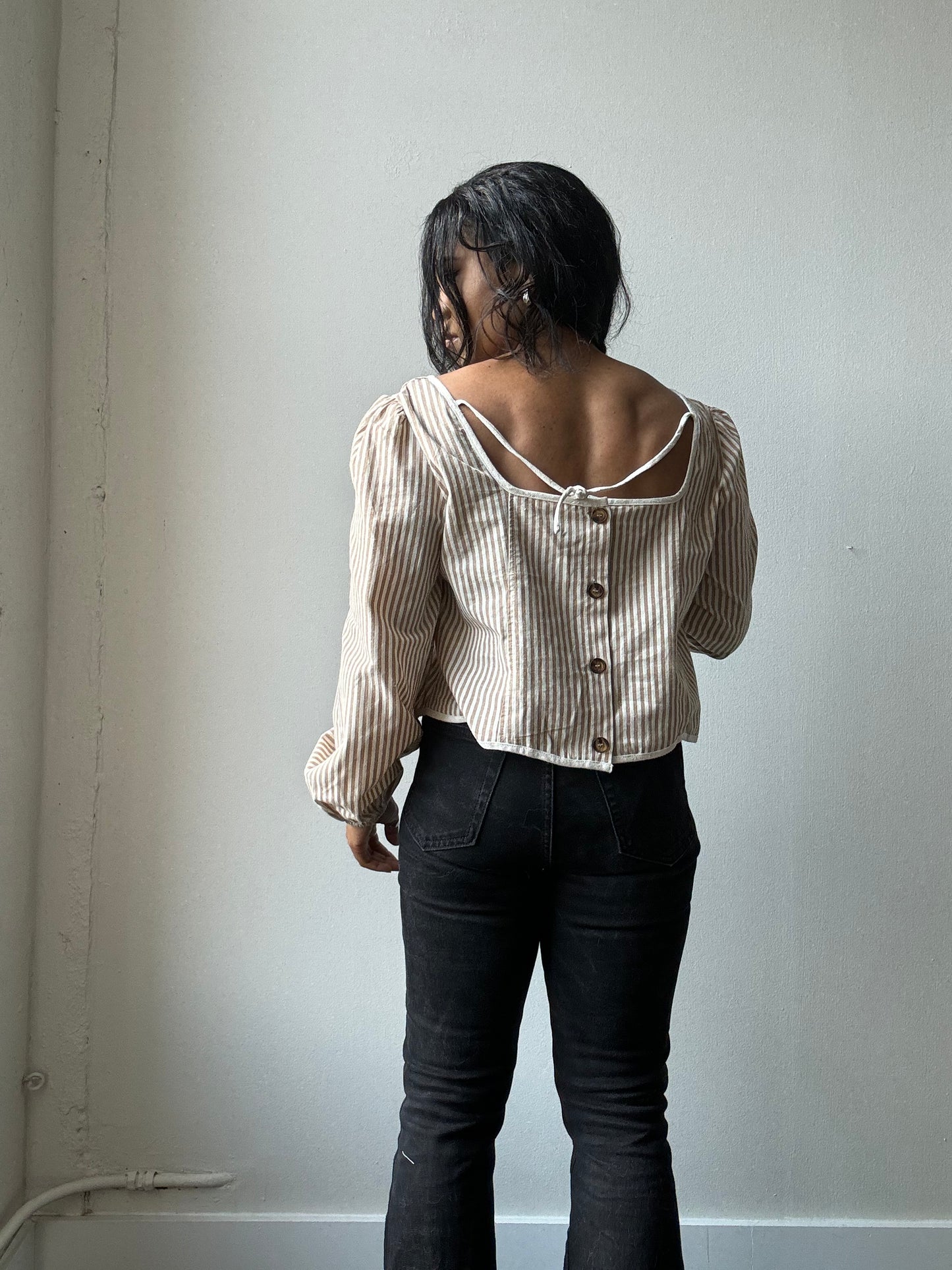 Marcella Cotton Button Back Striped Crop Top In Taupe