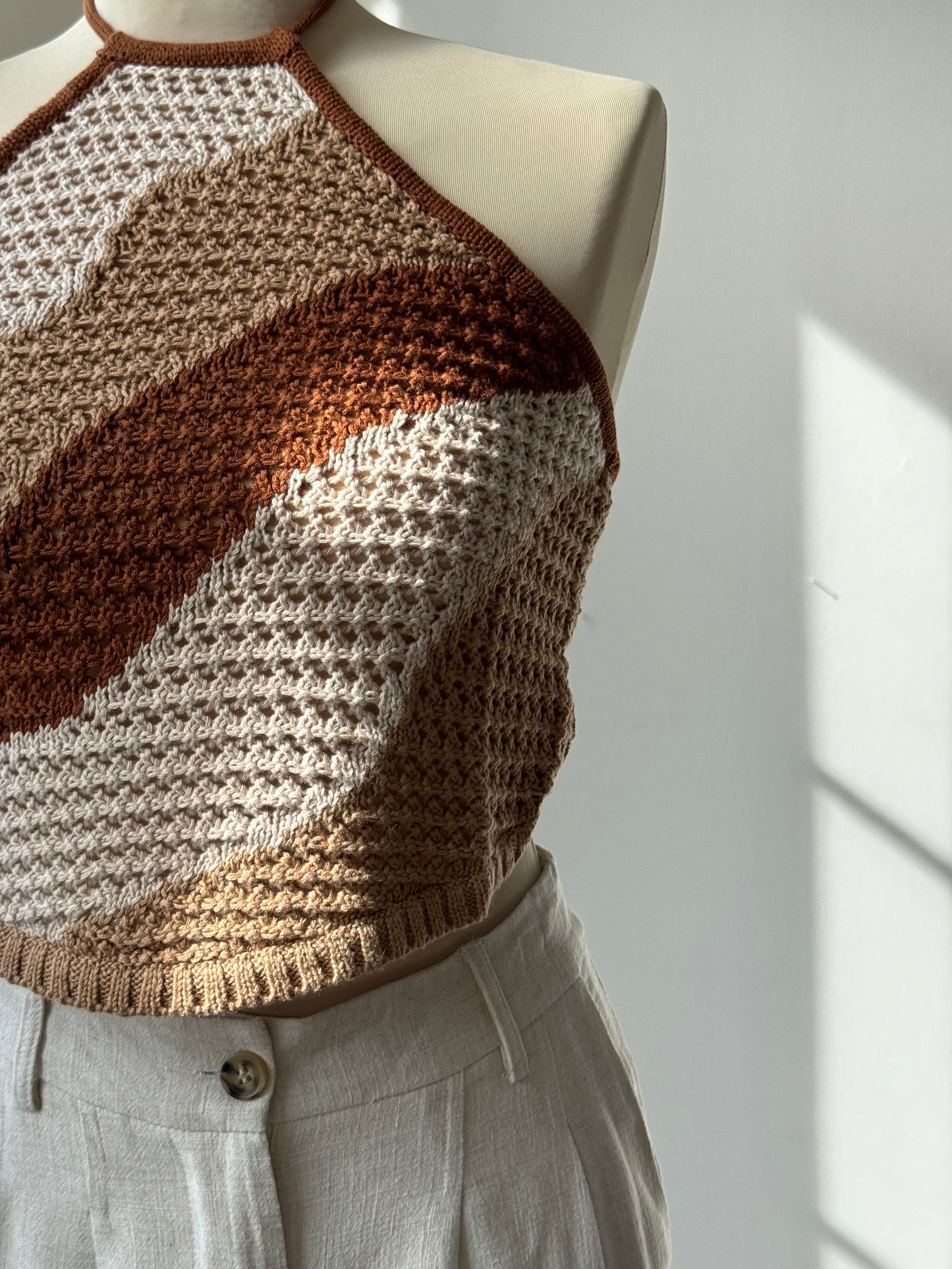 Billie Cotton Crochet Wave Open Back Halter Top In Brown