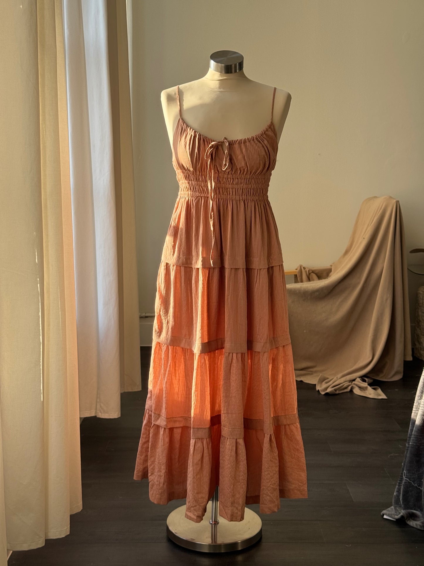 Marcelus Cotton Open Back Tiered Maxi Dress In Mocha
