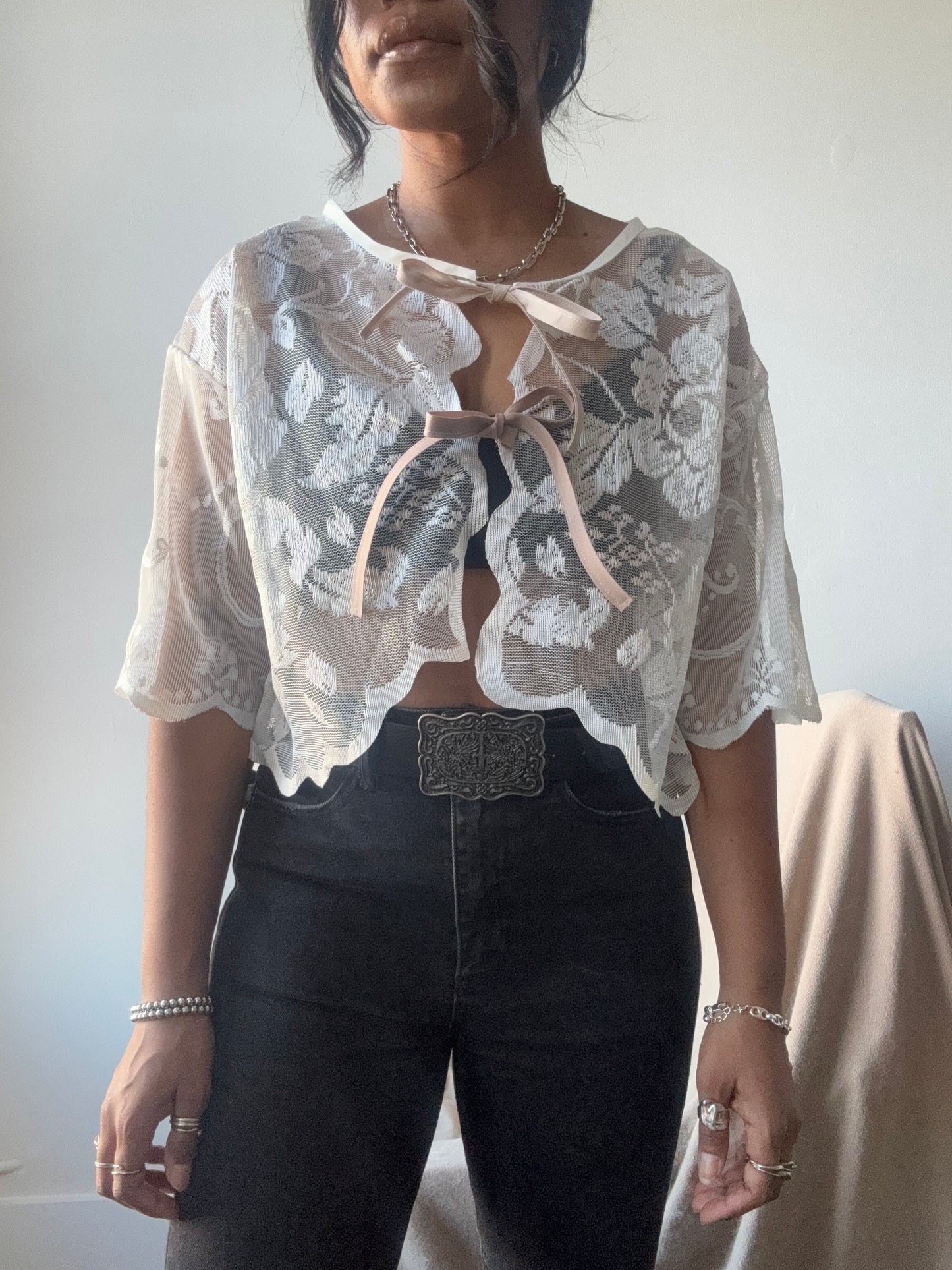 Sherie Handcrafted Vintage Lace Tie Top In Ivory