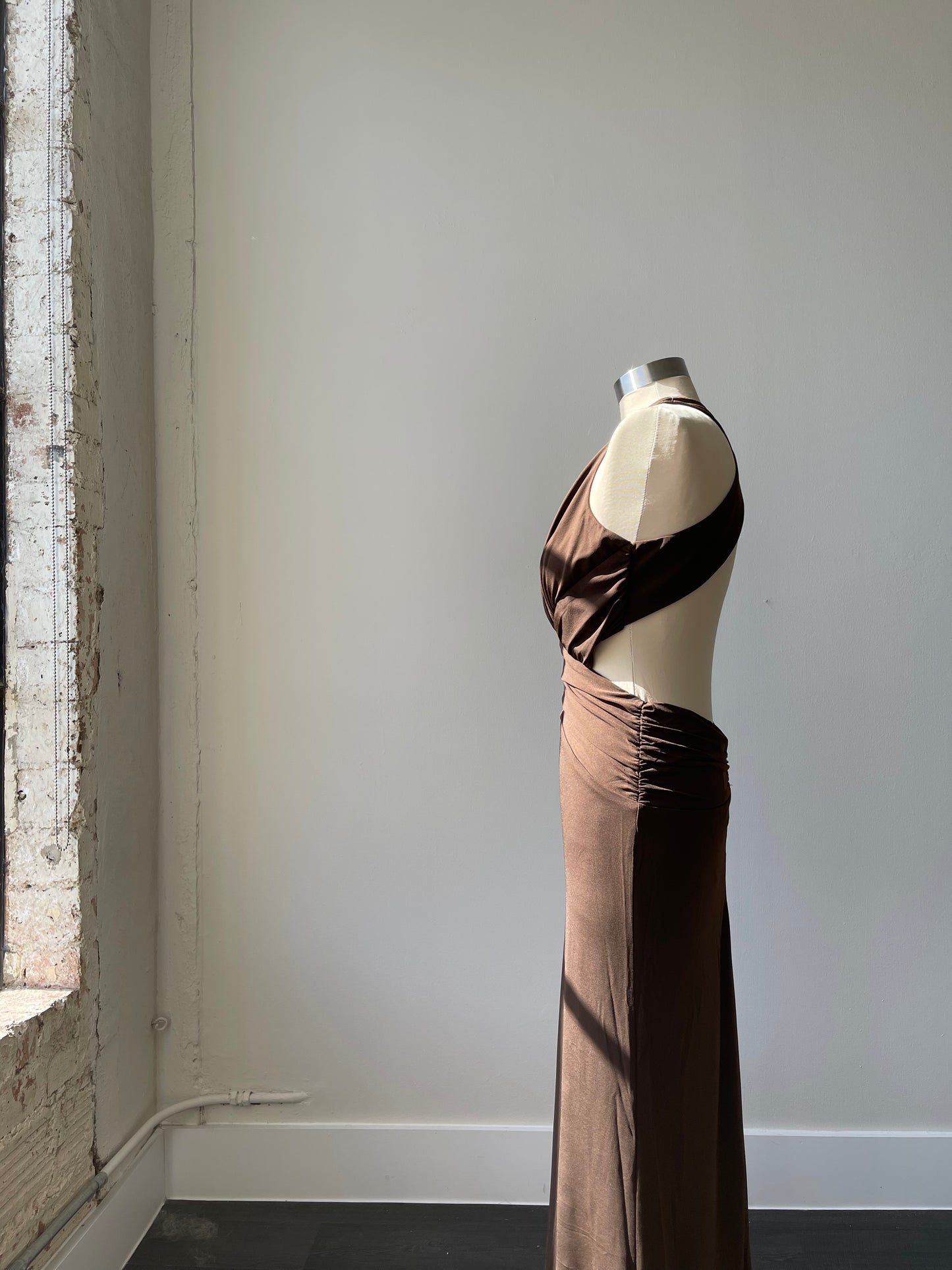 Dana Deep V Neck Open Back Halter Maxi Dress In Chocolate Brown